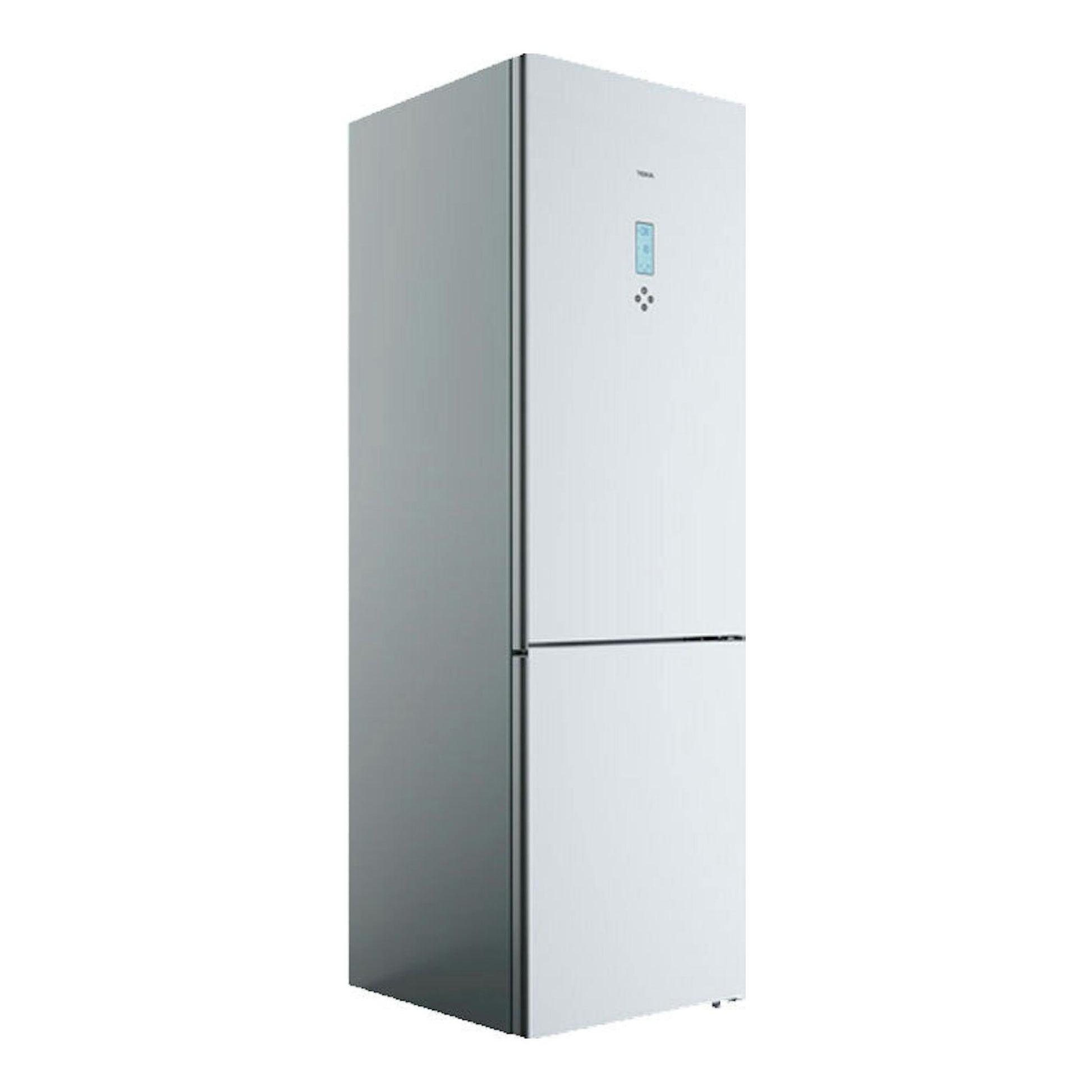 Frigorífico combi Teka RBF 78625 Cristal Blanco, vista frontal en ángulo, color blanco con panel digital.