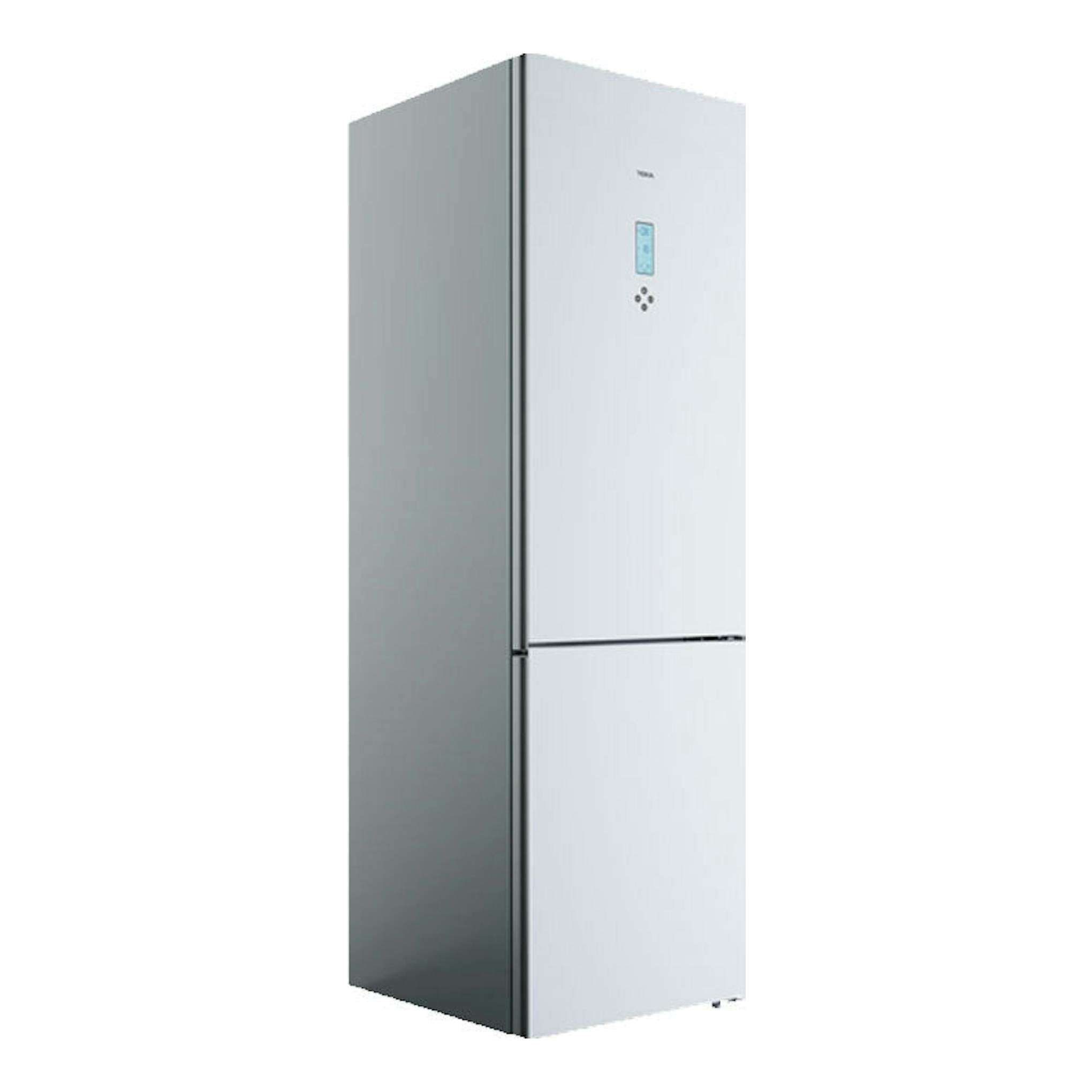 Frigorífico combi Teka RBF 78625 Cristal Blanco, vista frontal en ángulo, color blanco con panel digital.