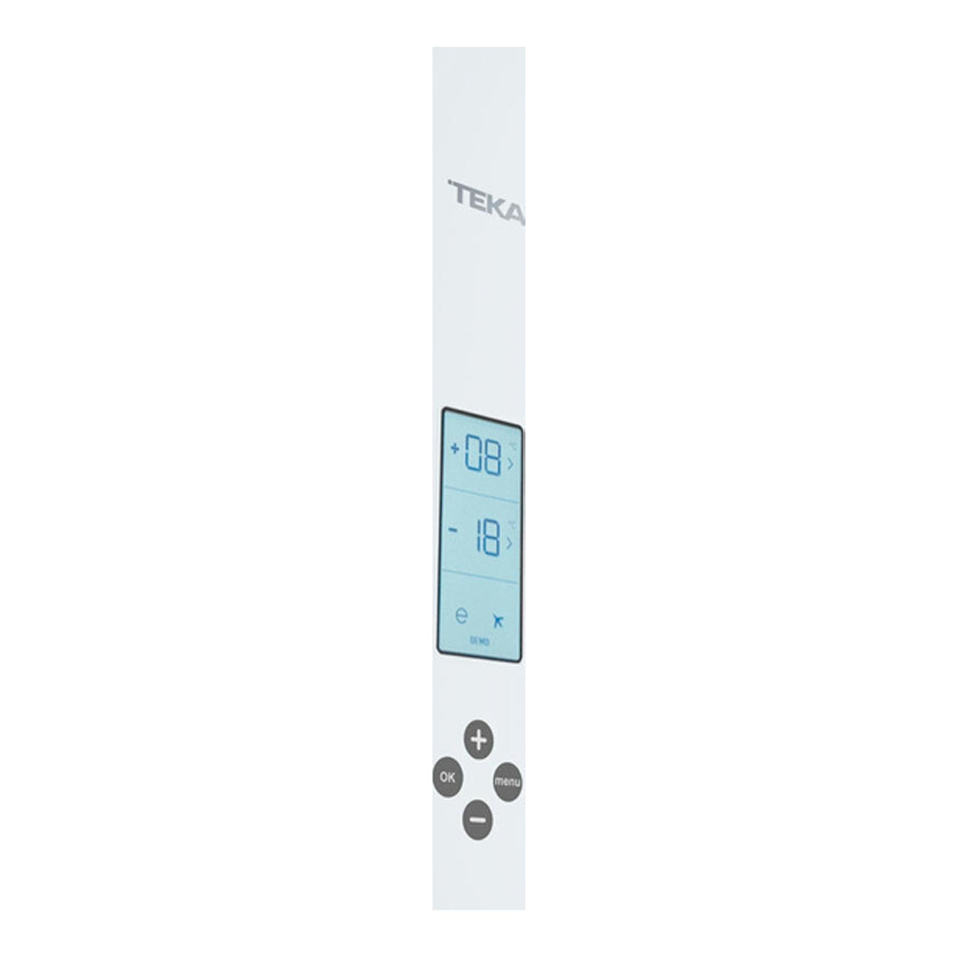 Frigorífico combi Teka RBF 78625 blanco, vista frontal parcial con panel digital y botones de control.