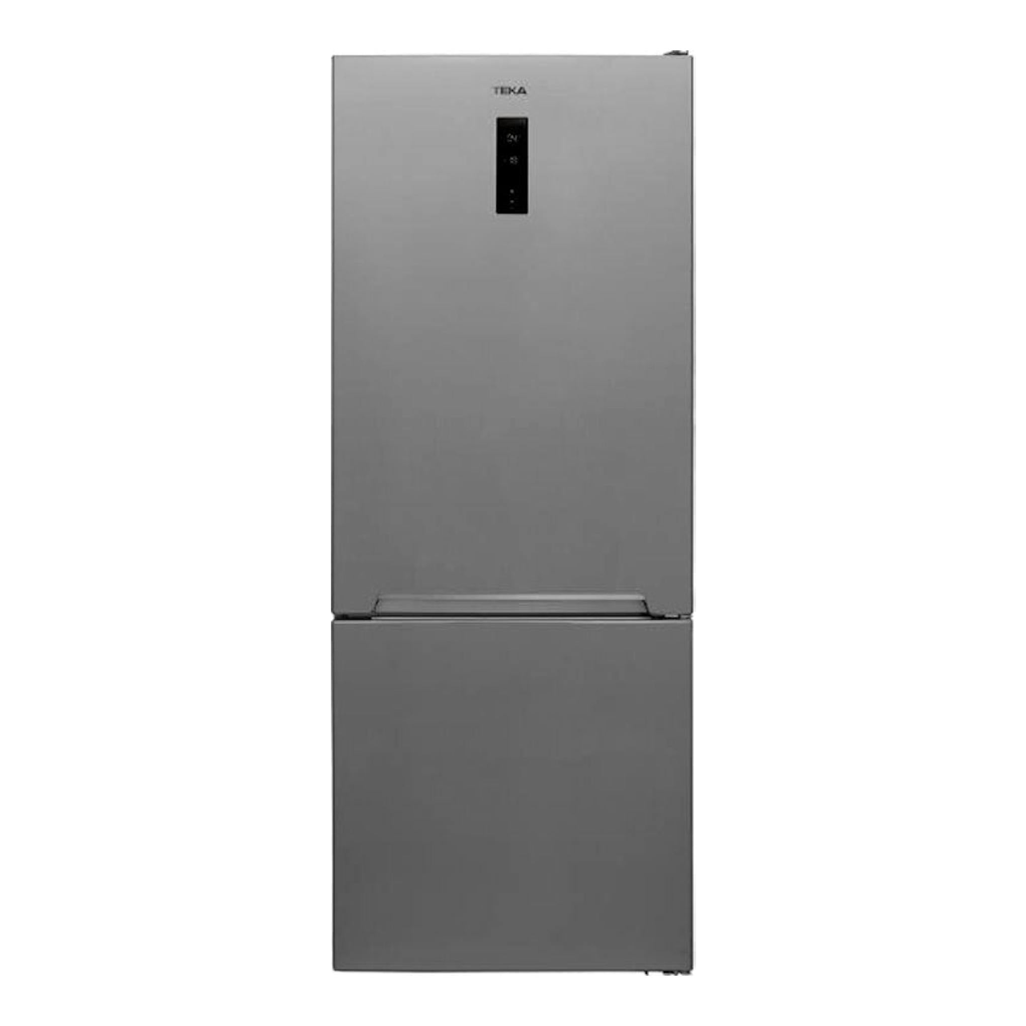Frigorífico combi Teka RBF 78725 Inox, vista frontal, acabado gris acero y panel negro.