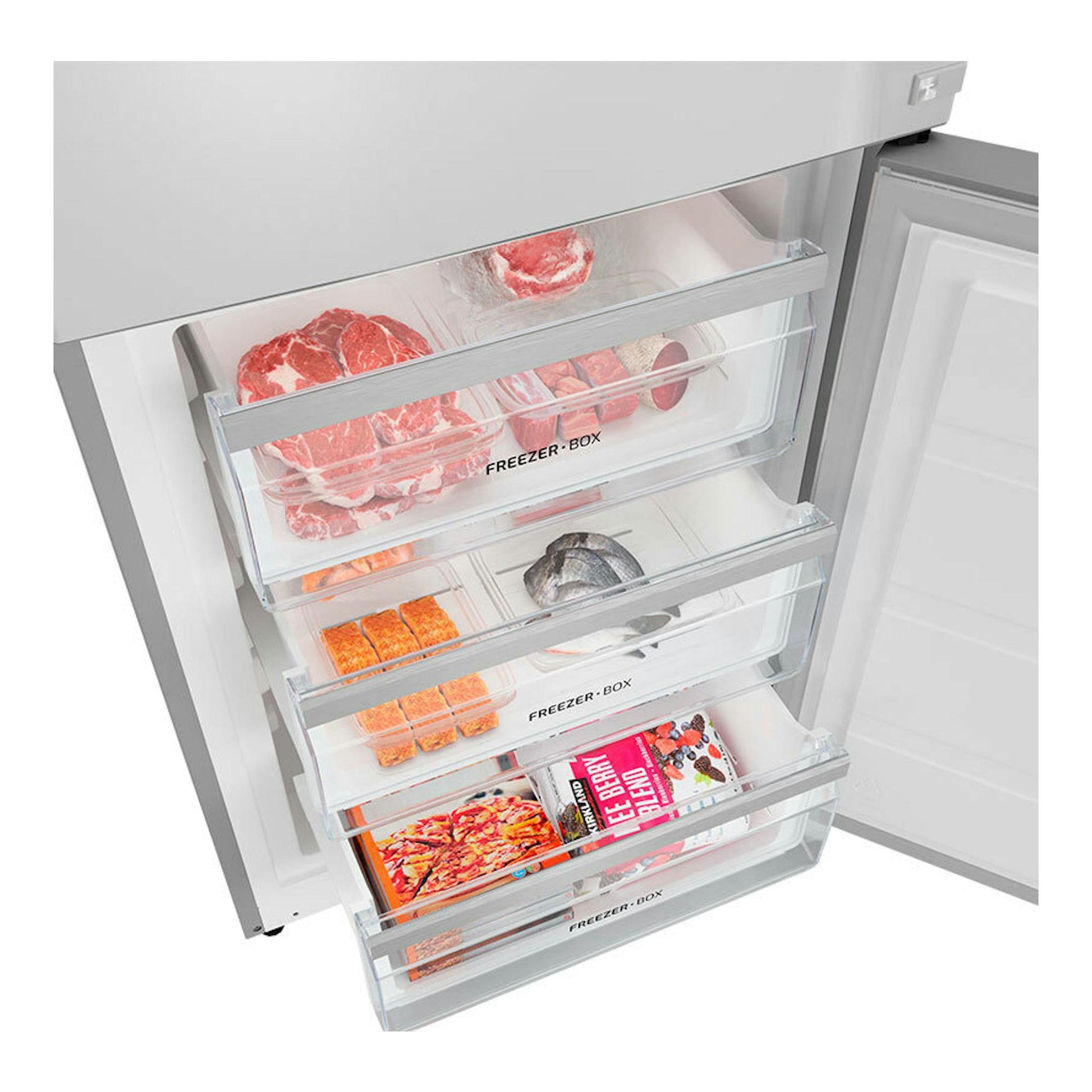 Frigorífico combi Teka RBF44630 blanco, vista frontal abierta del congelador con cajones transparentes.