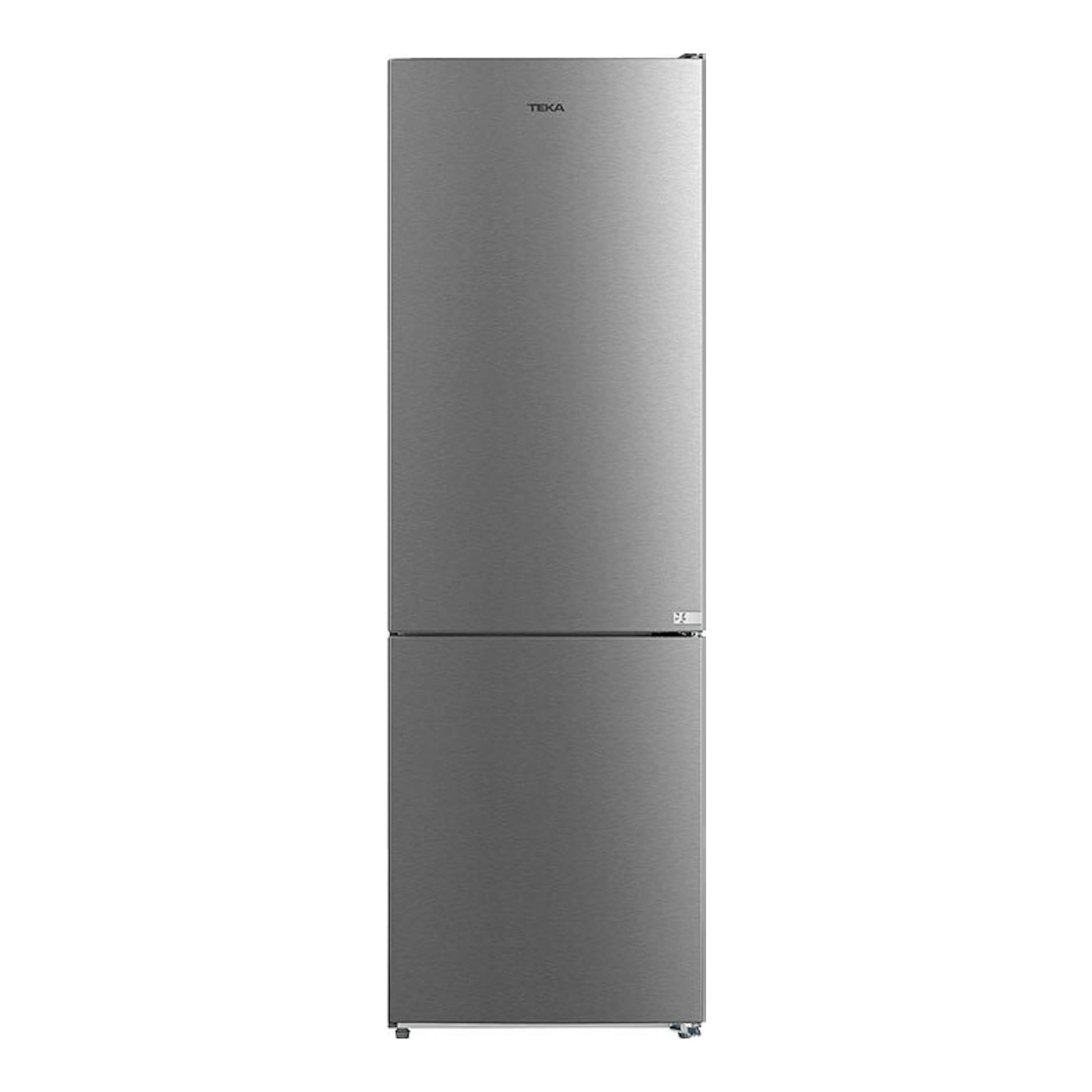 Frigorífico combi Teka RBF44630 inox, vista frontal, acabado gris acero sobre fondo blanco.