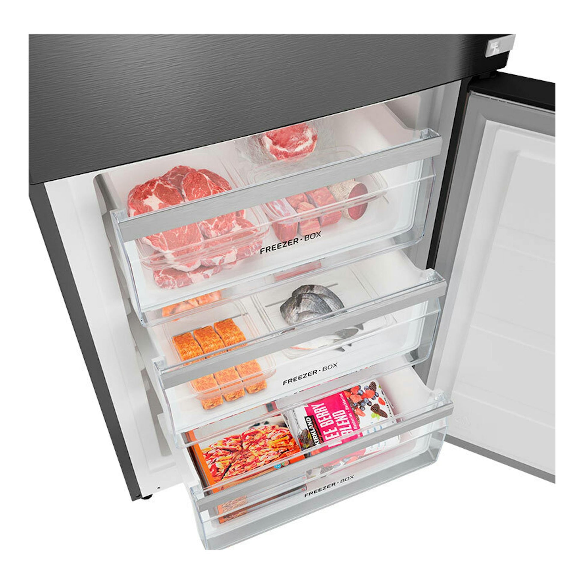 Frigorífico combi Teka RBF44630 inox, vista frontal con congelador abierto y cajones transparentes.