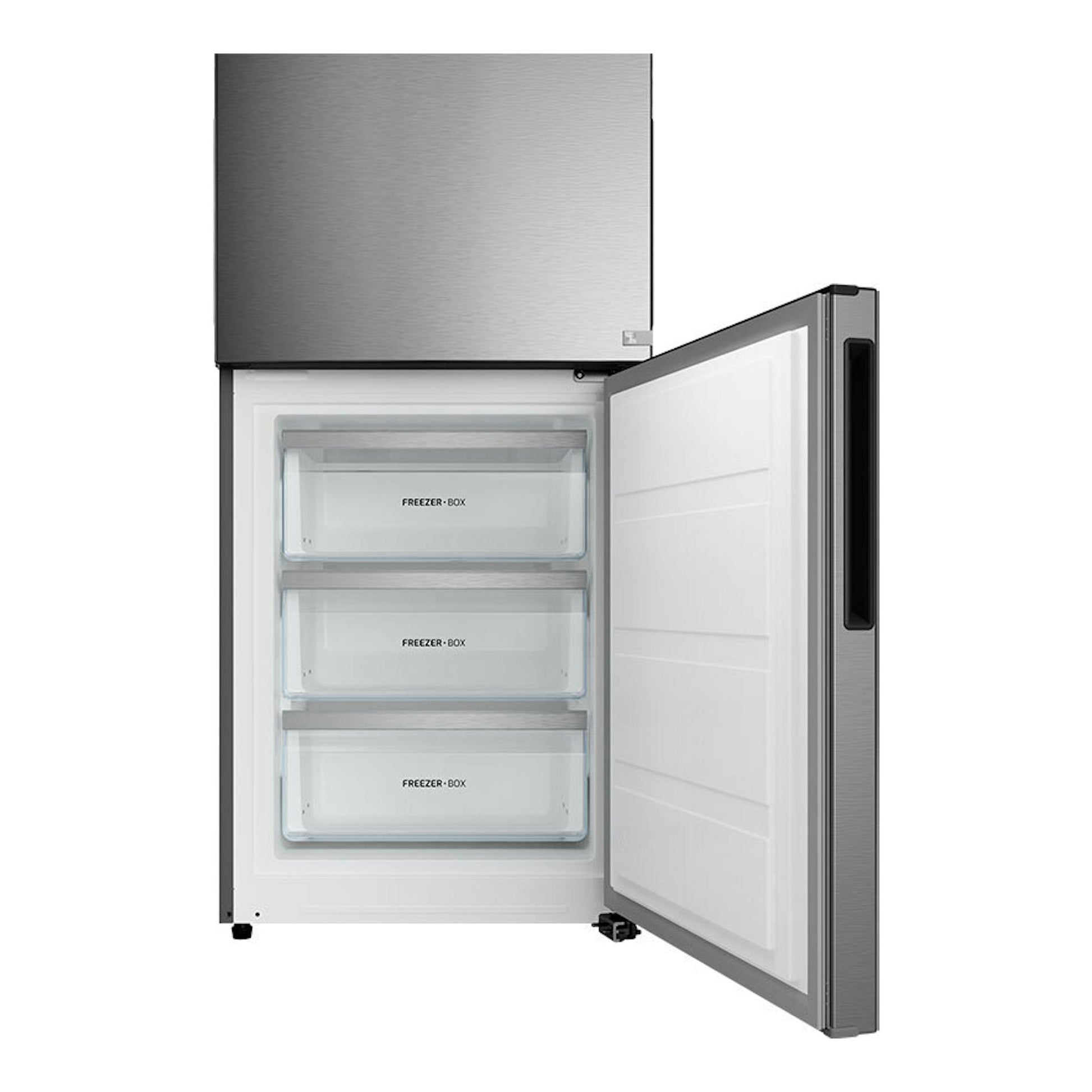 Frigorífico combi Teka RBF44630 inox, vista frontal con puerta abierta y tres cajones del congelador.
