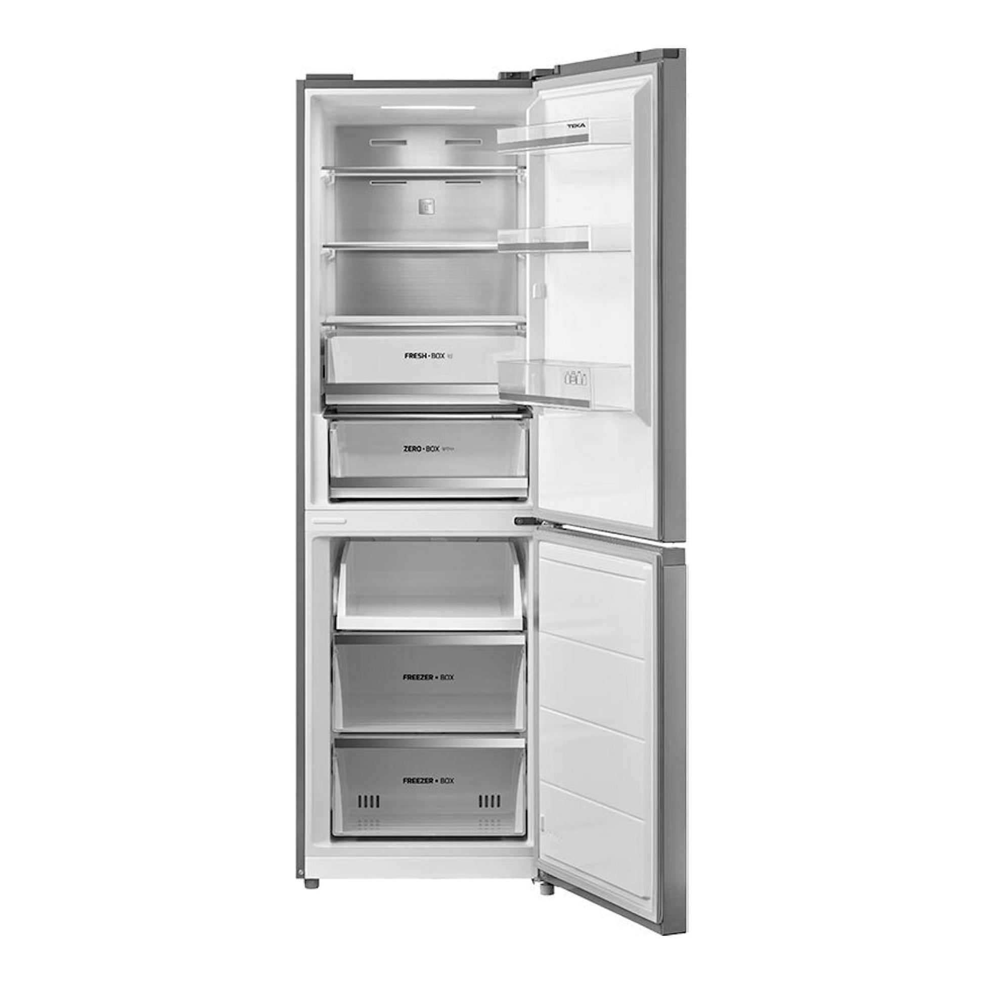 Frigorífico combi Teka RBF64660 inox, vista frontal con puertas abiertas y compartimentos interiores.