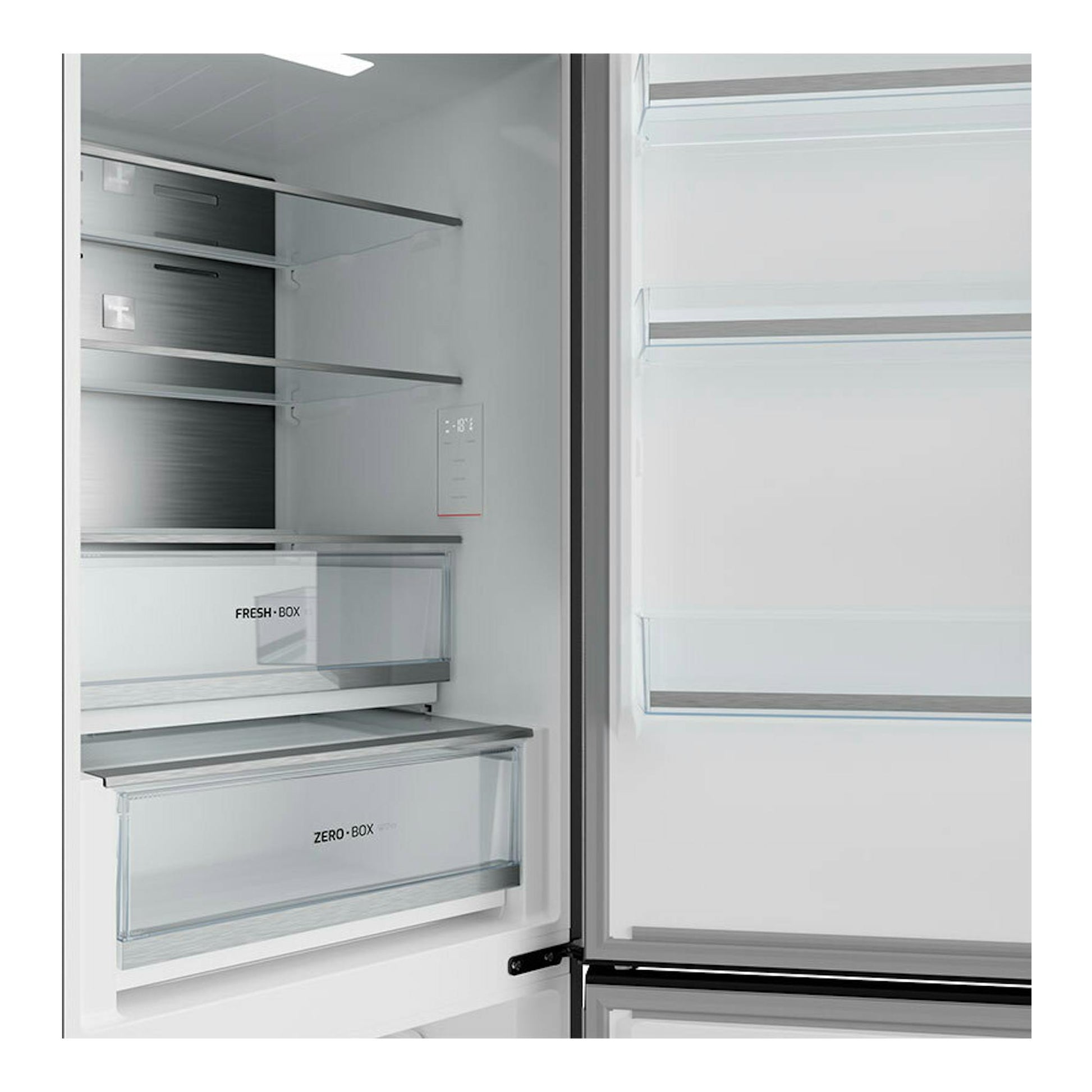 Frigorífico combi Teka RBF64660 Inox abierto, interior blanco con estantes de vidrio y cajones Fresh Box y Zero Box.