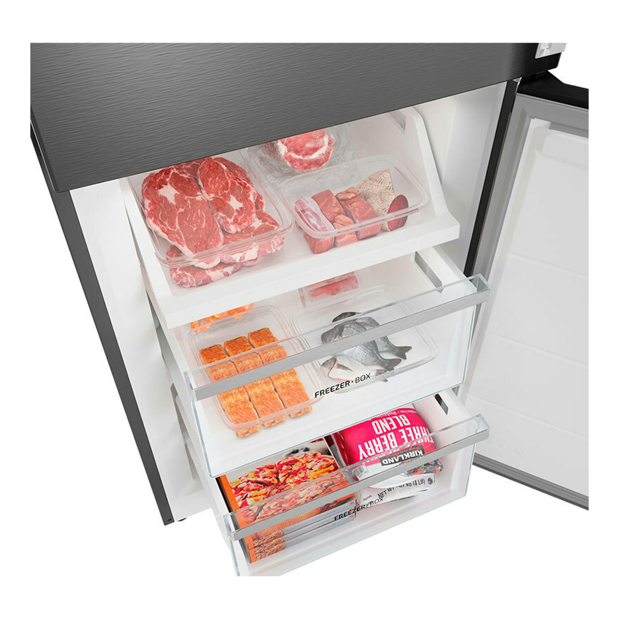 Frigorífico combi Teka RBF64660 inox, vista frontal abierta del congelador con cajones transparentes y alimentos.