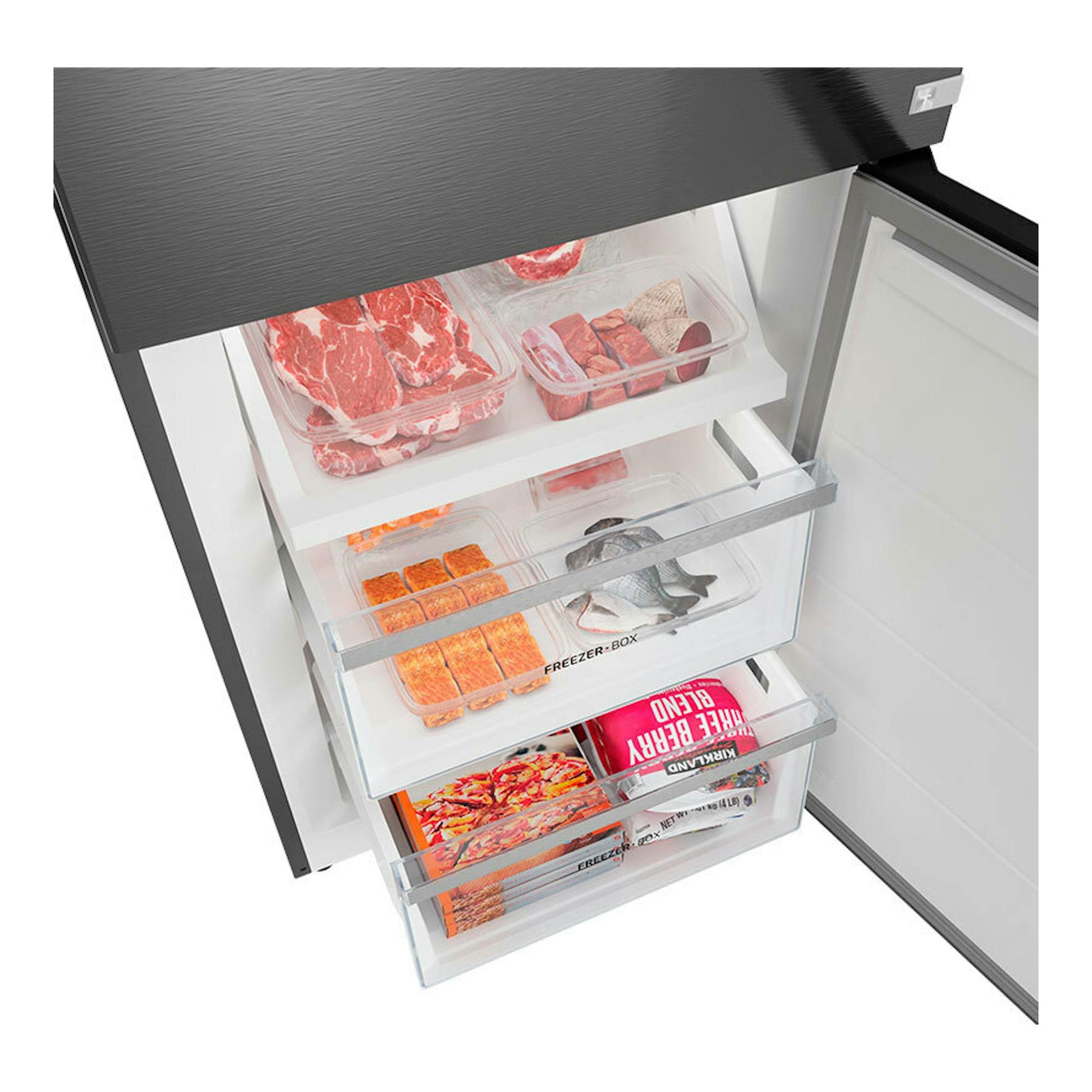 Frigorífico combi Teka RBF68670 Inox, interior del congelador con cajones transparentes y alimentos.