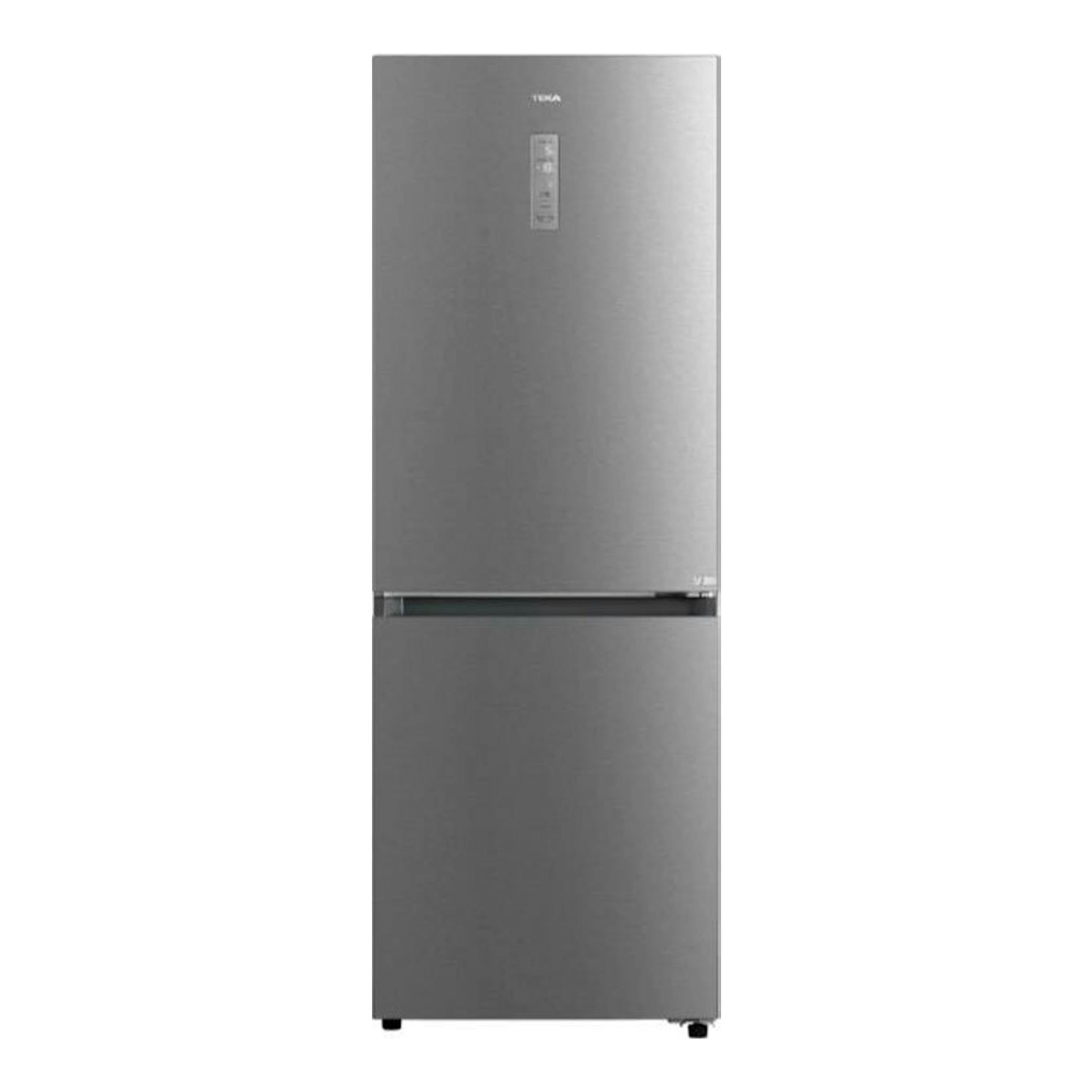 Frigorífico combi Teka RBF84680 en inox, vista frontal, con puerta superior y cajón inferior.