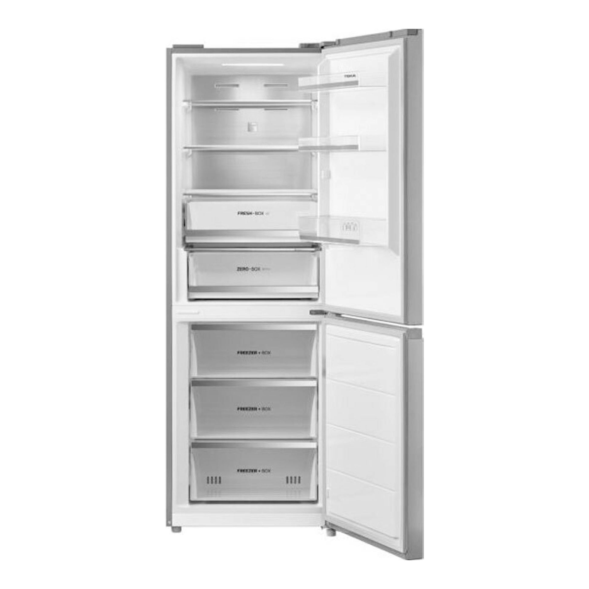 Frigorífico combi Teka RBF84680 inox, vista frontal con puertas abiertas y cajones interiores visibles.