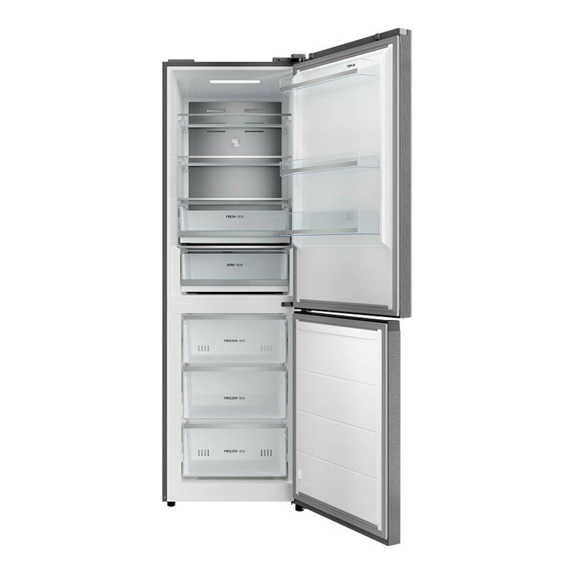 Frigorífico combi Teka RBF84680 inox, vista frontal con puertas abiertas y compartimentos interiores visibles.