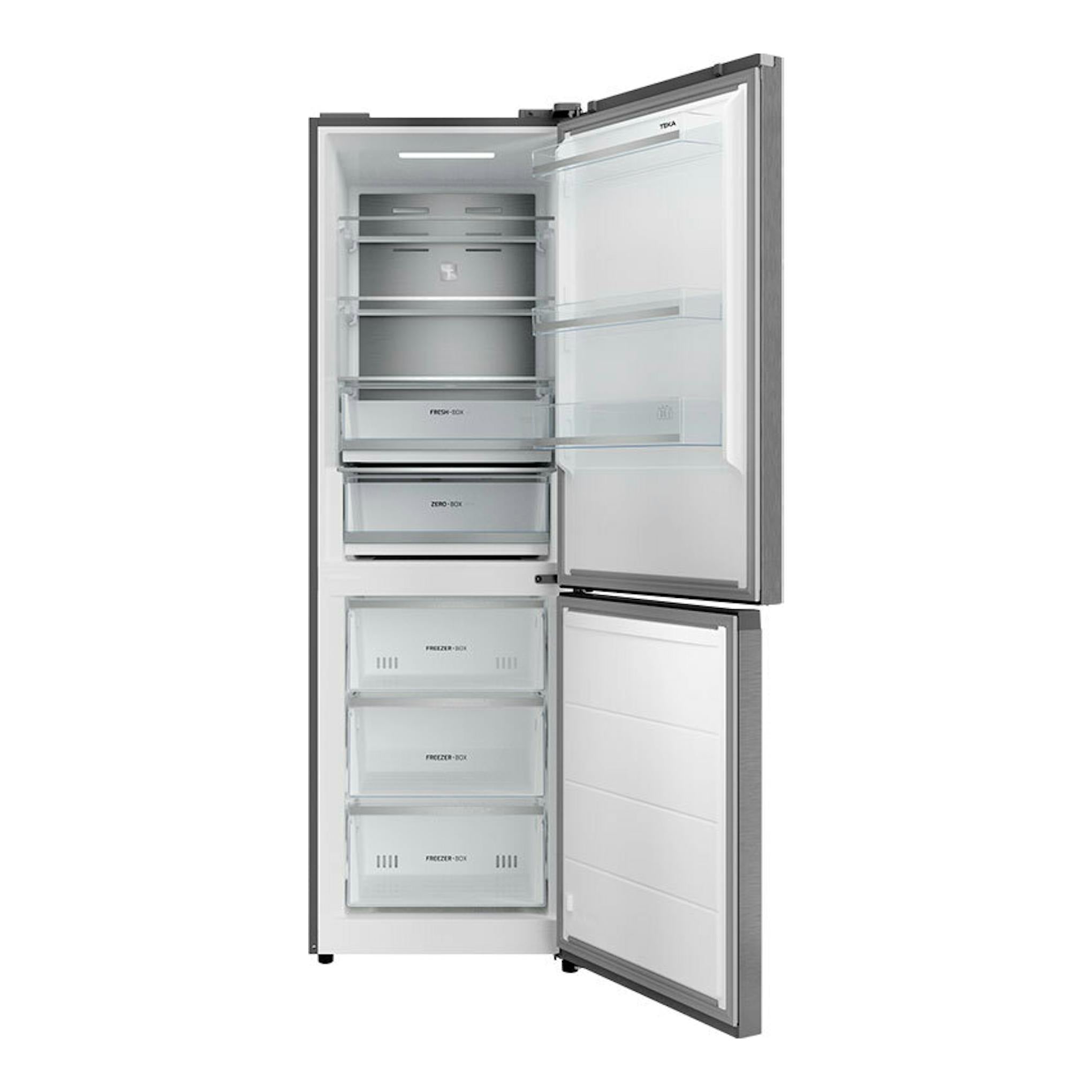 Frigorífico combi Teka RBF84680 inox, vista frontal con puertas abiertas y compartimentos interiores visibles.