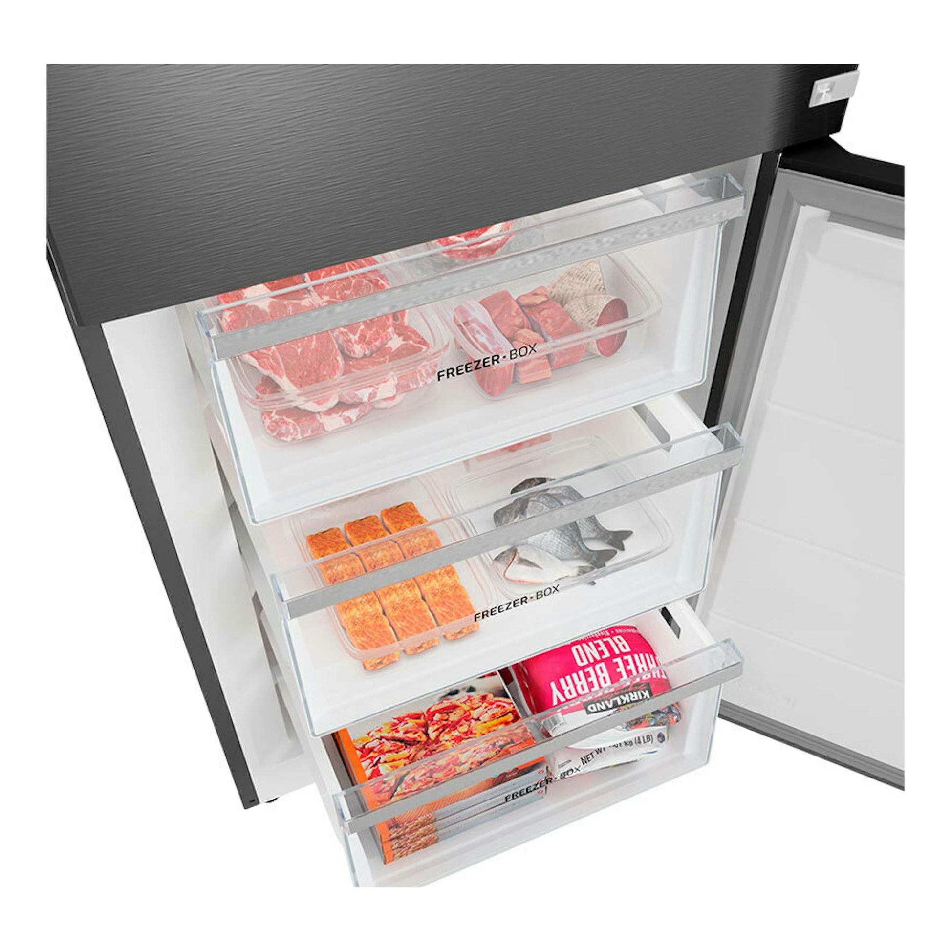 Frigorífico combi Teka RBF84680 Inox, vista interior de cajones del congelador abiertos.