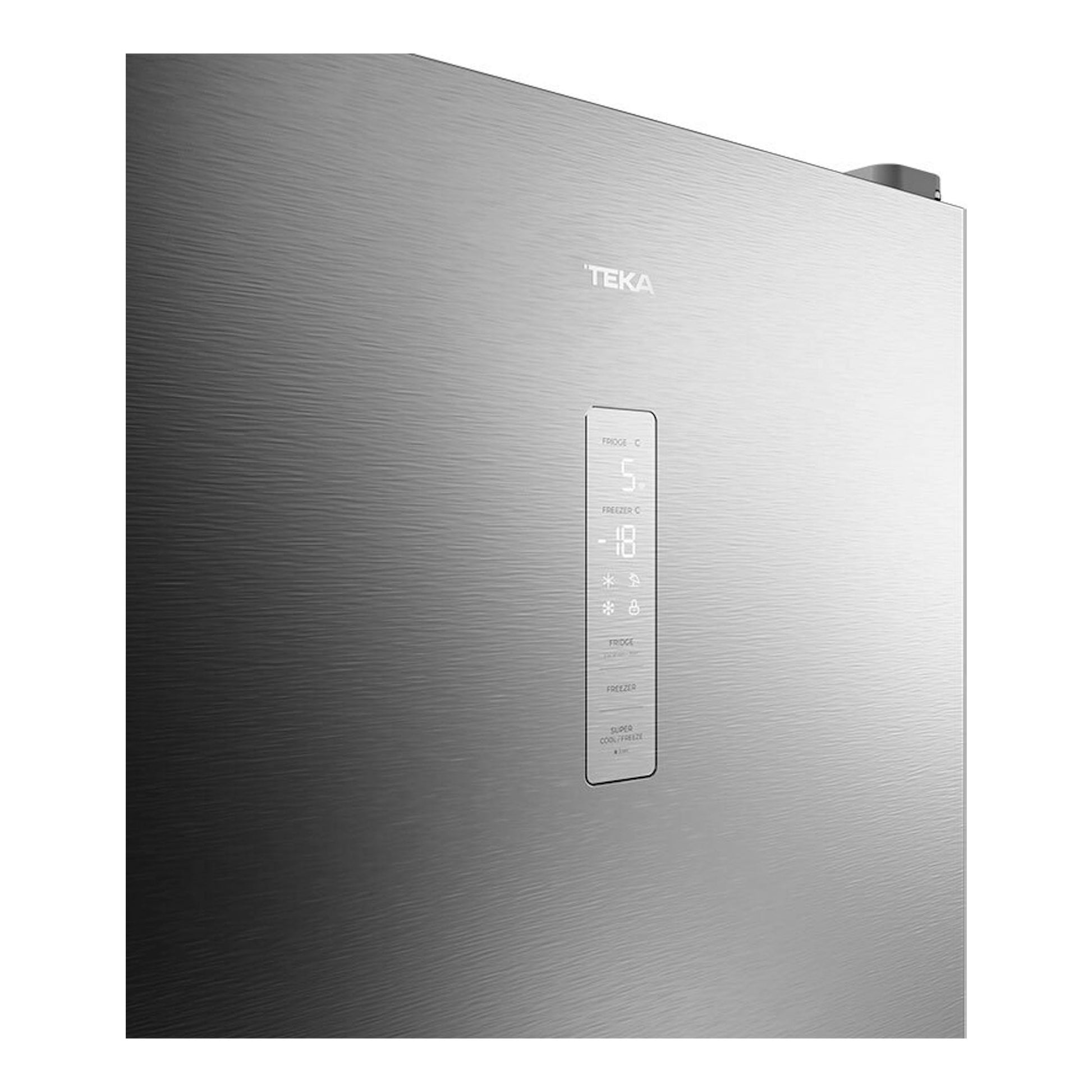 Frigorífico combi Teka RBF84680 inox, vista frontal parcial de puerta en acero inoxidable con panel digital.