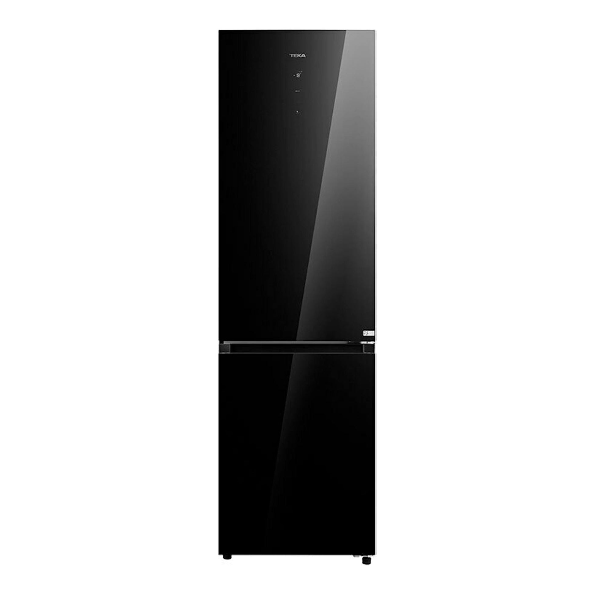 Frigorífico combi Teka RBF88670 en cristal negro, vista frontal, con panel de control superior.