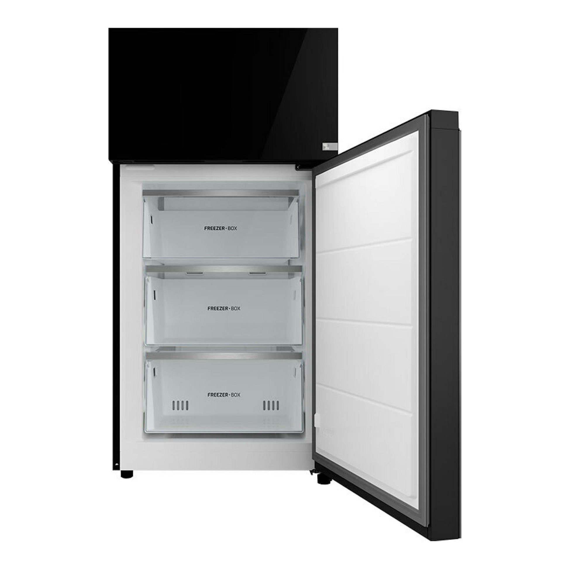 Frigorífico combi Teka RBF88670 en cristal negro, puerta abierta, con tres cajones del congelador.