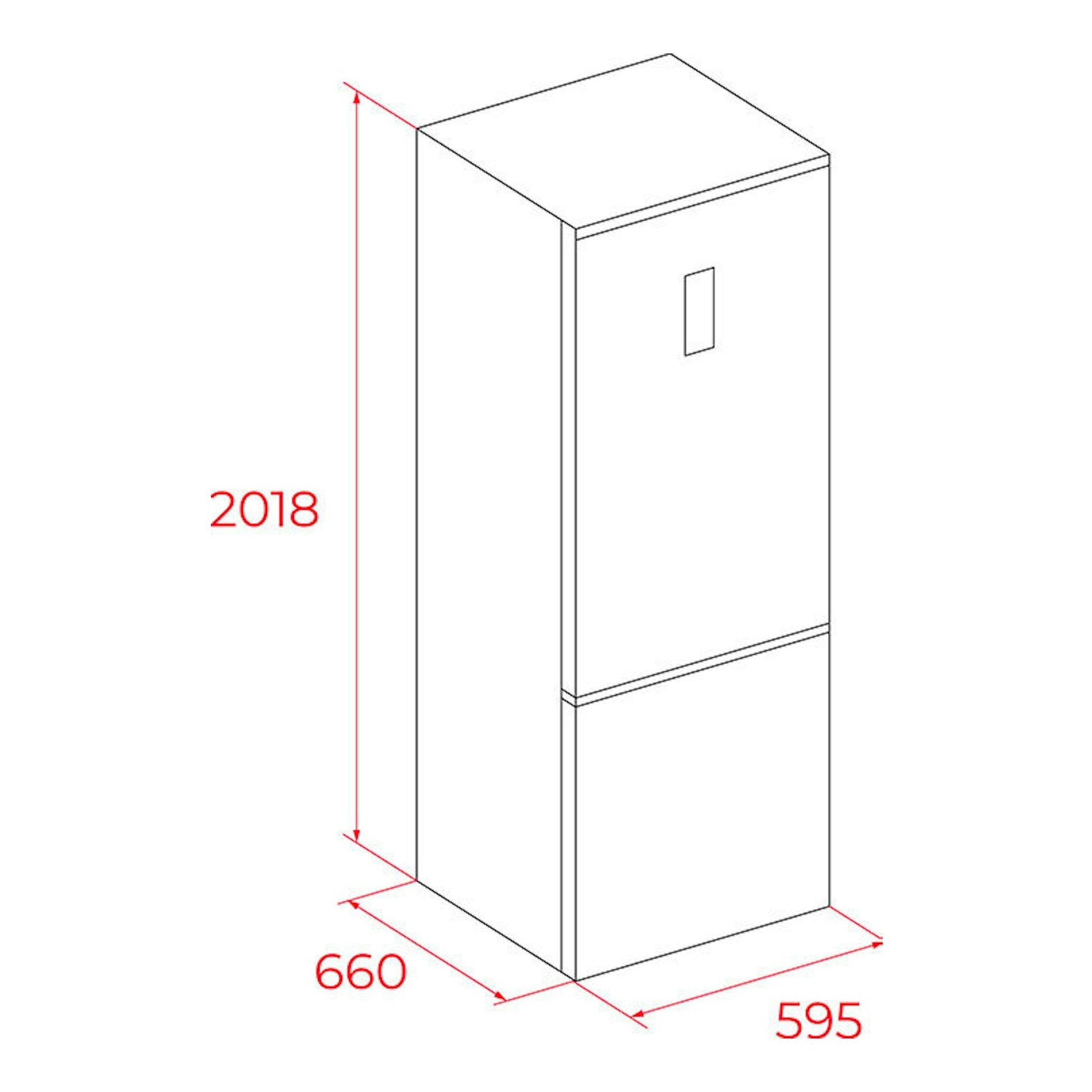 Frigorífico combi Teka RBF88670 Cristal Negro, vista isométrica en línea con medidas 2018 x 660 x 595 mm.