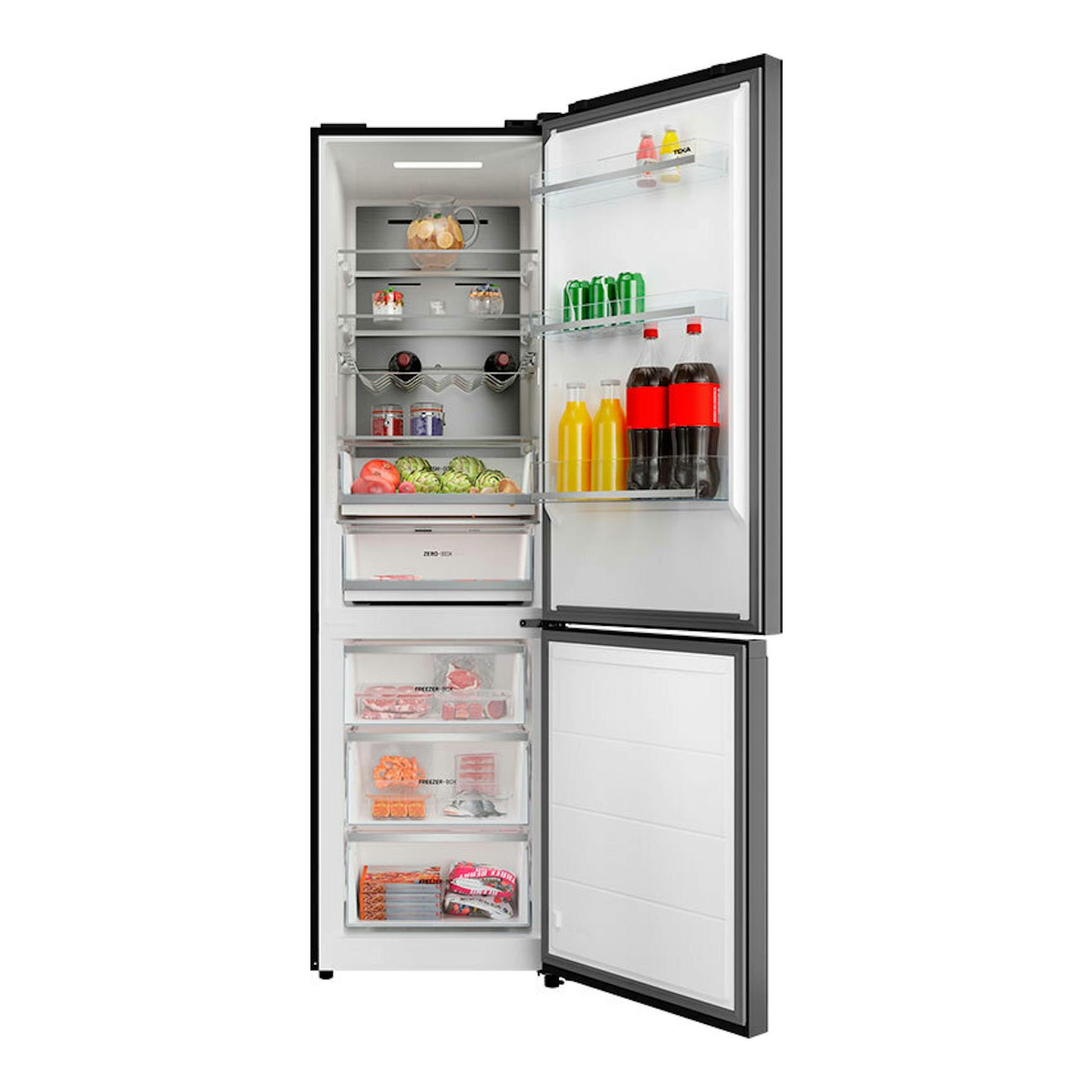 Frigorífico combi Teka RBF88670 Cristal Negro, vista frontal con puertas abiertas y compartimentos interiores.