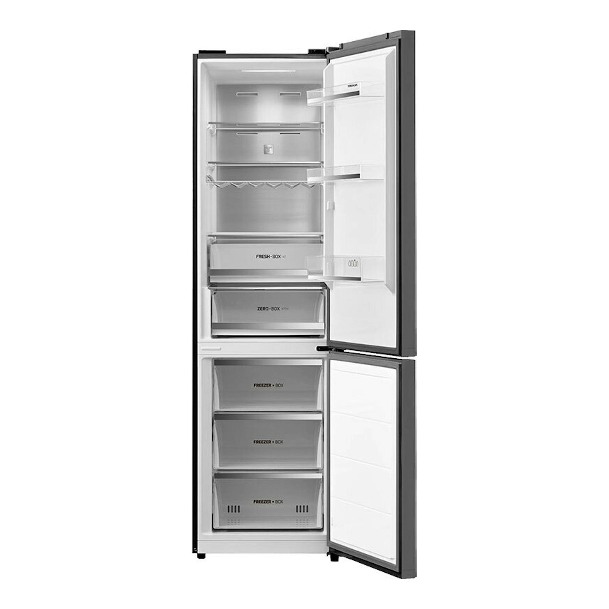 Frigorífico combi Teka RBF88670, vista frontal con puertas abiertas, exterior negro y interior blanco con cajones.