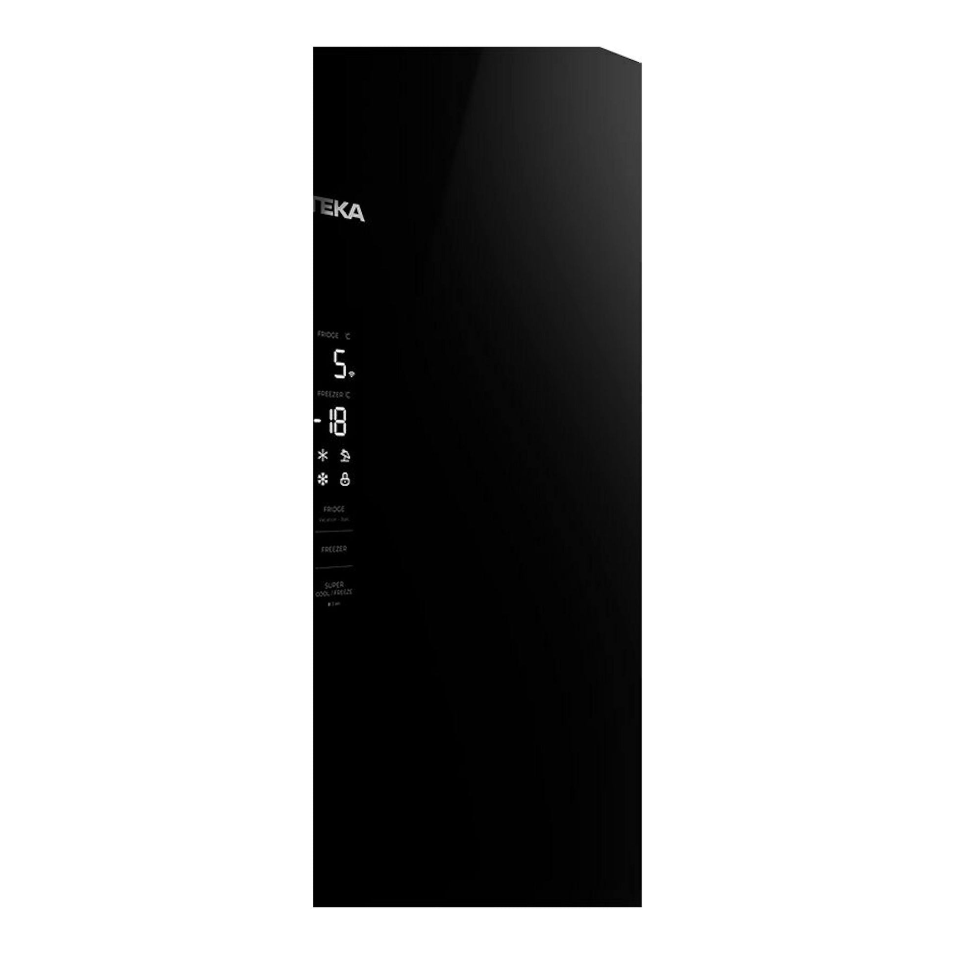 Frigorífico combi Teka RBF88670 en cristal negro, vista frontal con pantalla digital central.