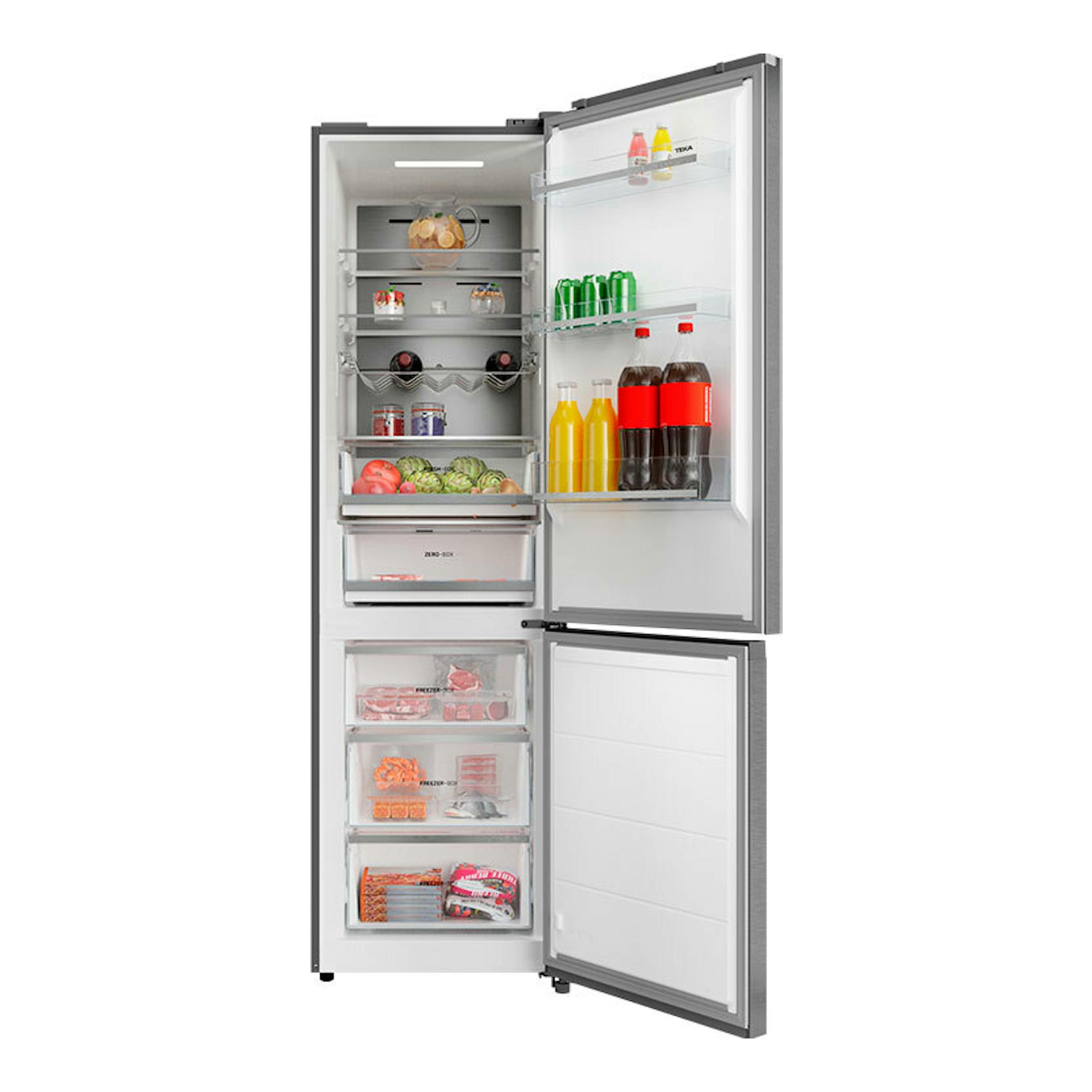 Frigorífico combi Teka RBF88680 Inox, vista frontal abierta, acabado inox, con puertas y cajones interiores visibles.