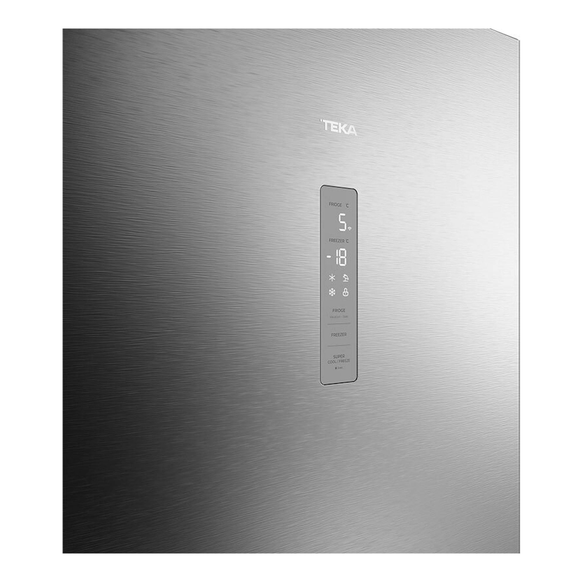 Frigorífico combi Teka RBF88680 Inox, vista frontal de acero inoxidable con panel digital central.