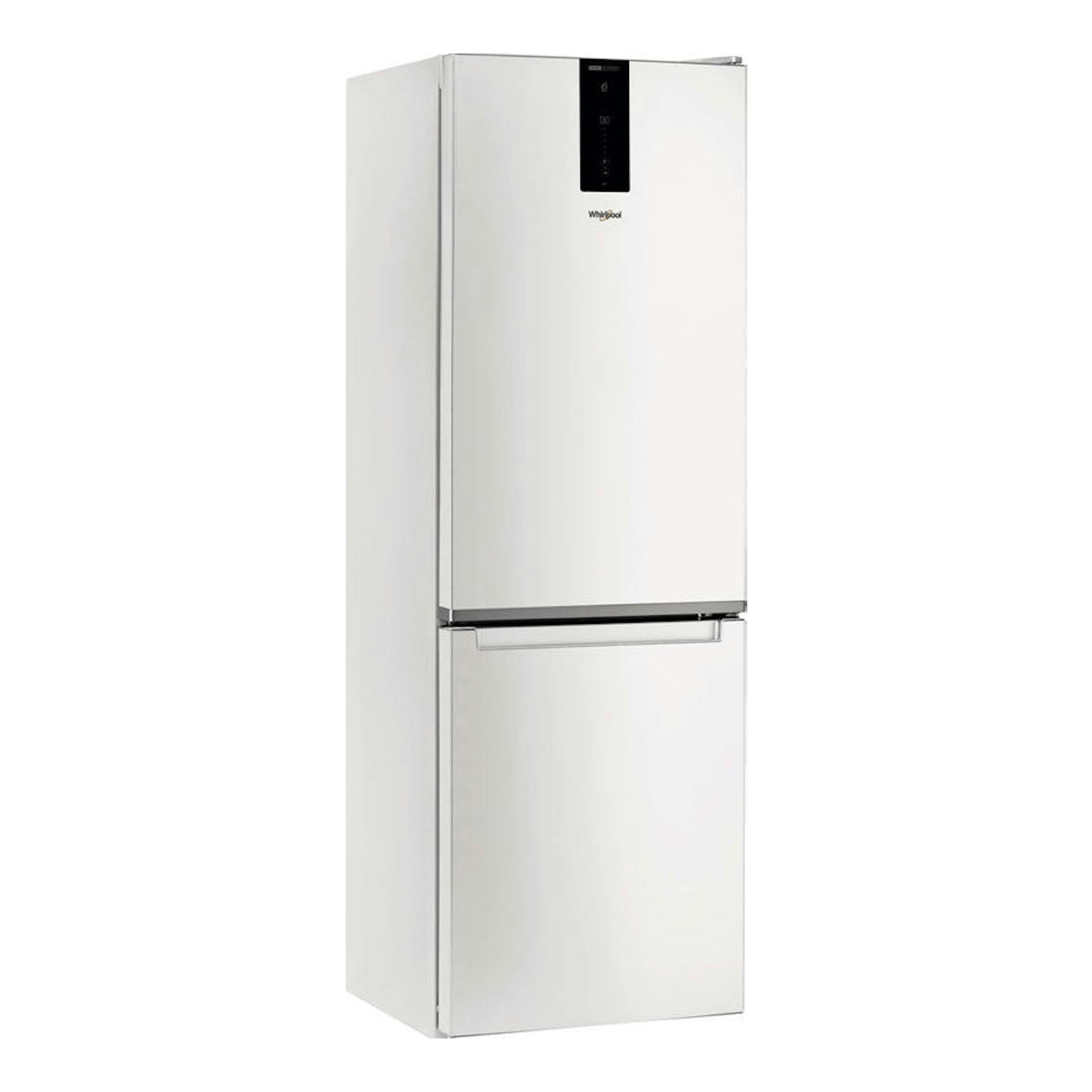 Frigorífico combi Whirlpool W7 821O W blanco, vista frontal, con panel negro superior.
