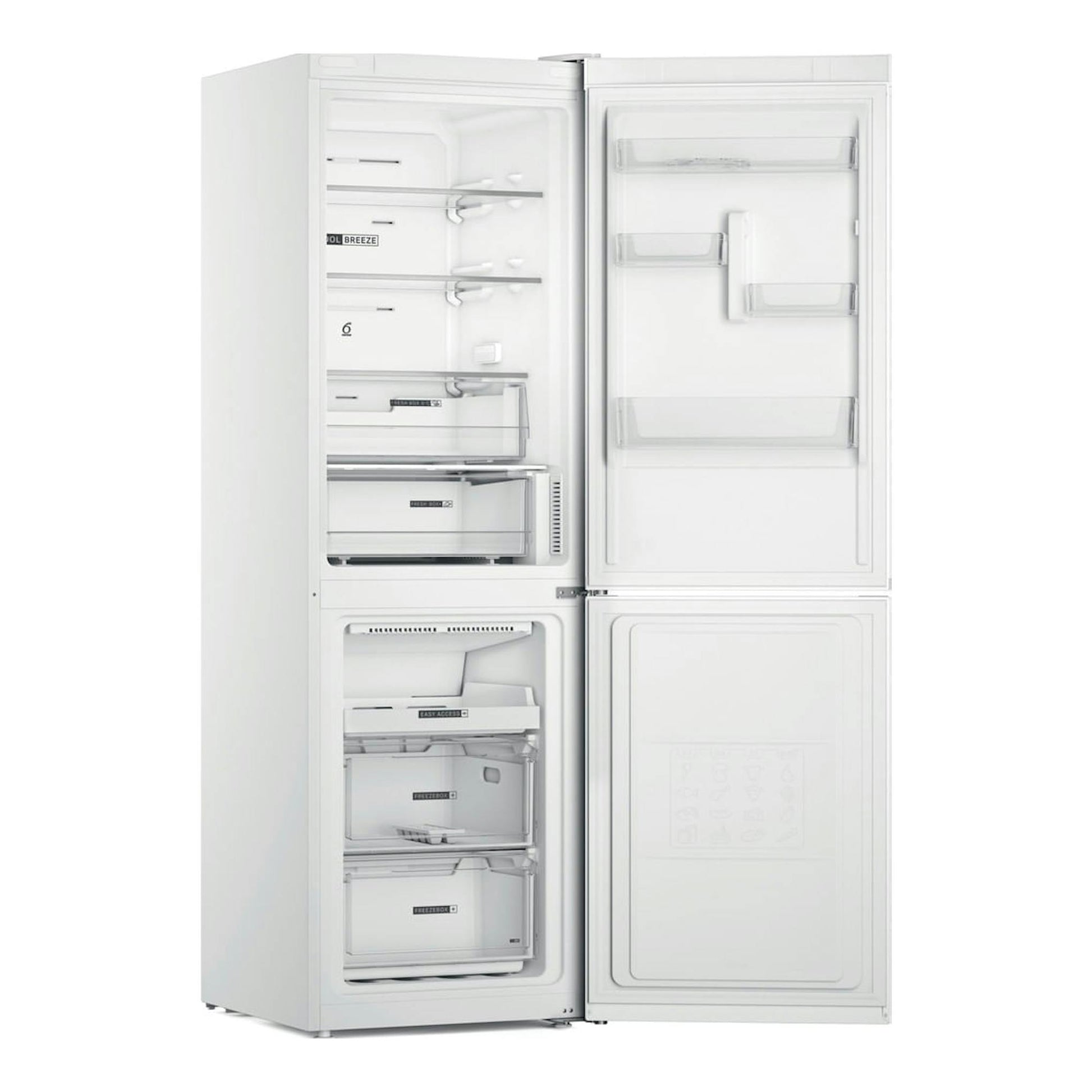 Frigorífico combi Whirlpool W7X 82O W blanco, vista frontal con puertas abiertas e interior visible.