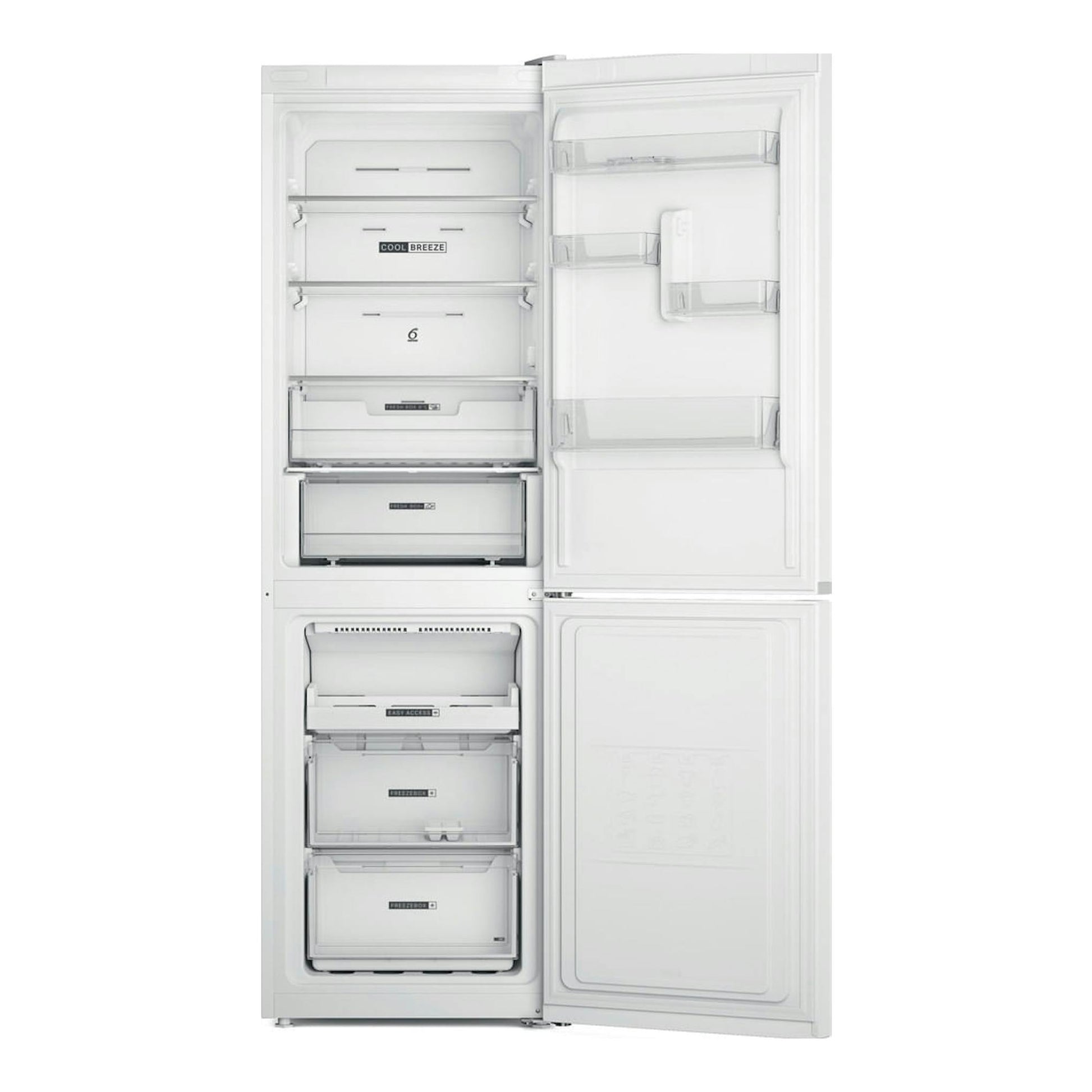 Frigorífico combi Whirlpool W7X 82O W blanco, vista frontal con puertas abiertas y cajones interiores visibles.
