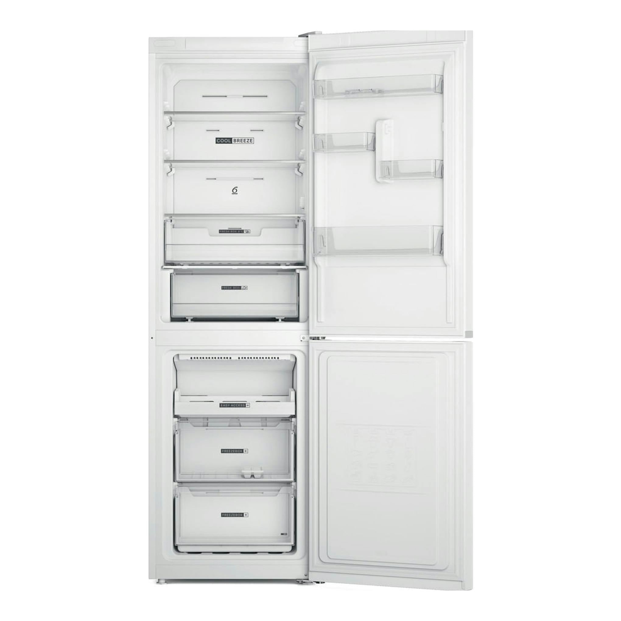 Frigorífico combi Whirlpool W7X 82O W blanco, vista frontal con puertas abiertas y cajones interiores visibles.