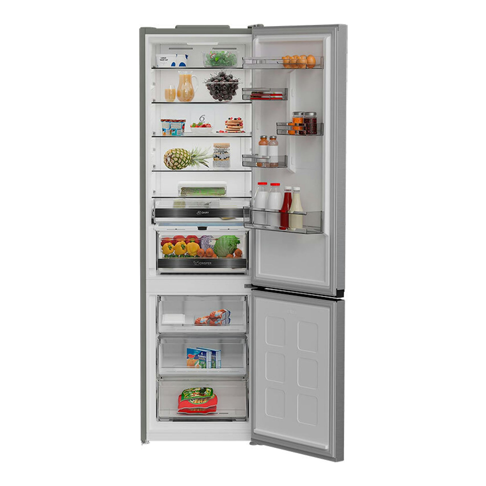 Frigorífico combi Whirlpool WHK 22412 X5EE inox, vista frontal con puertas abiertas y congelador inferior.