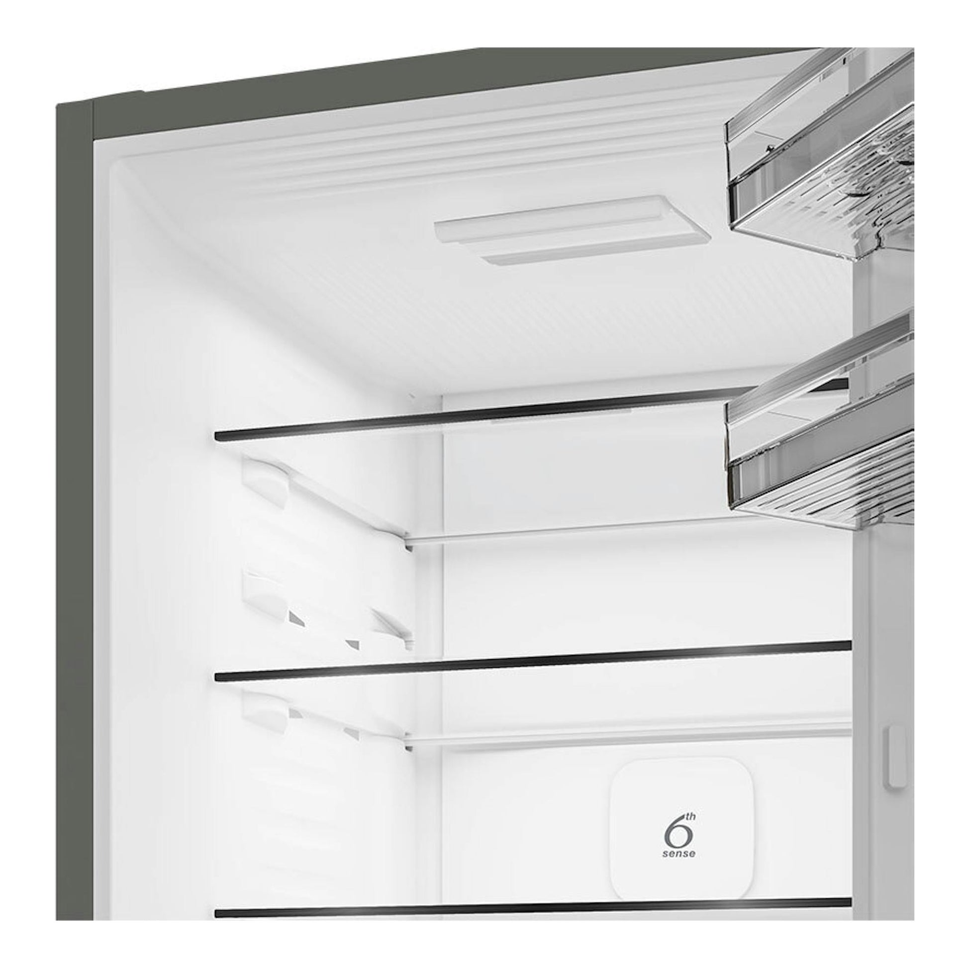 Interior frontal de frigorífico Whirlpool WHK 22412 X5EE inox, con estantes de vidrio y cajones transparentes.