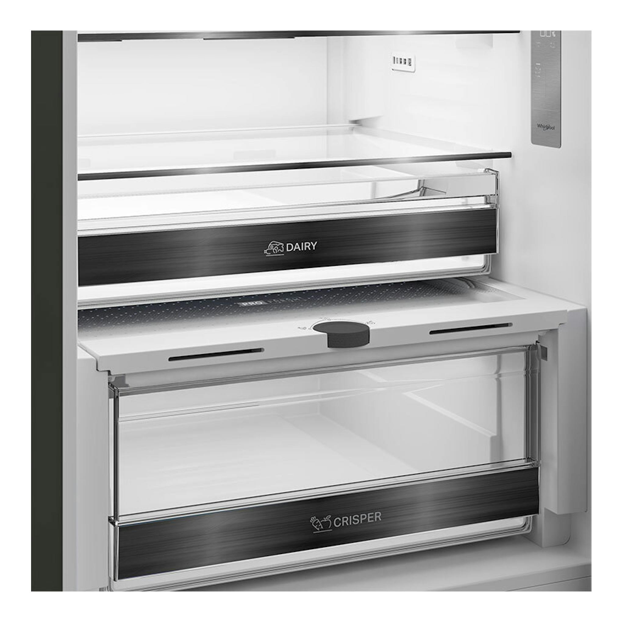Frigorífico combi Whirlpool WHK 22412 X5EE, interior blanco con cajones transparentes y baldas, vista frontal.
