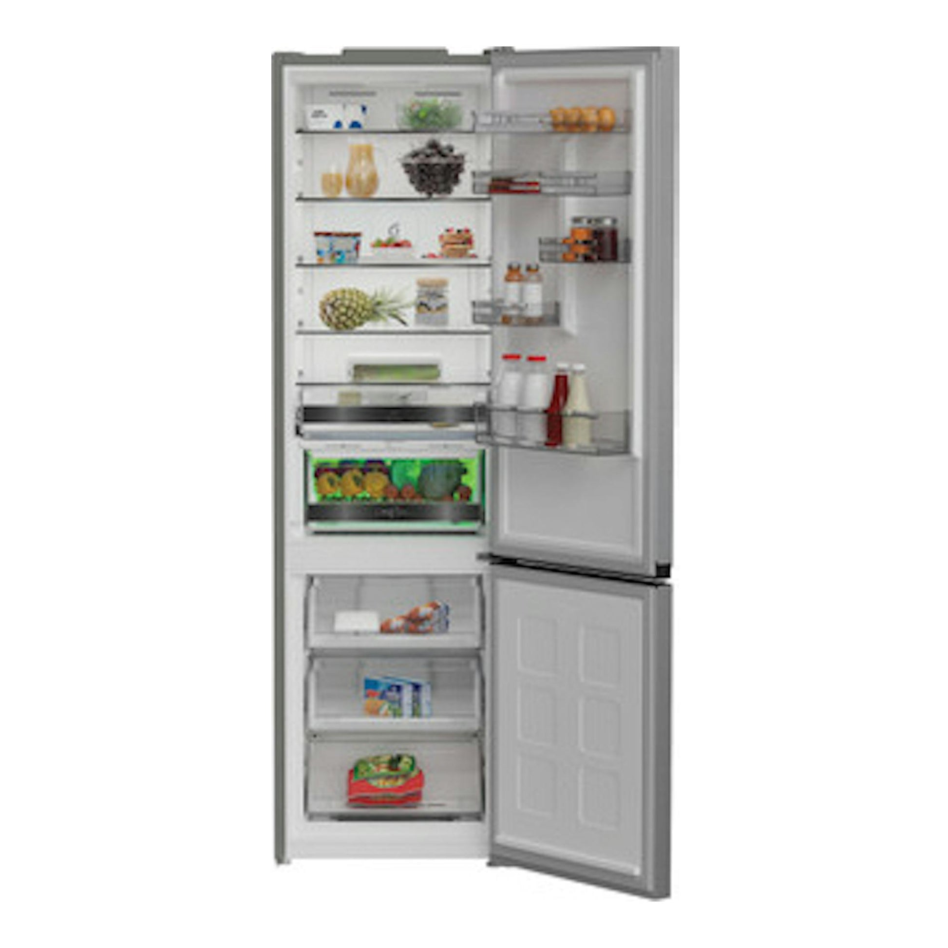Frigorífico combi Whirlpool WHK 22413 X6EE en inox, vista frontal con puertas abiertas.