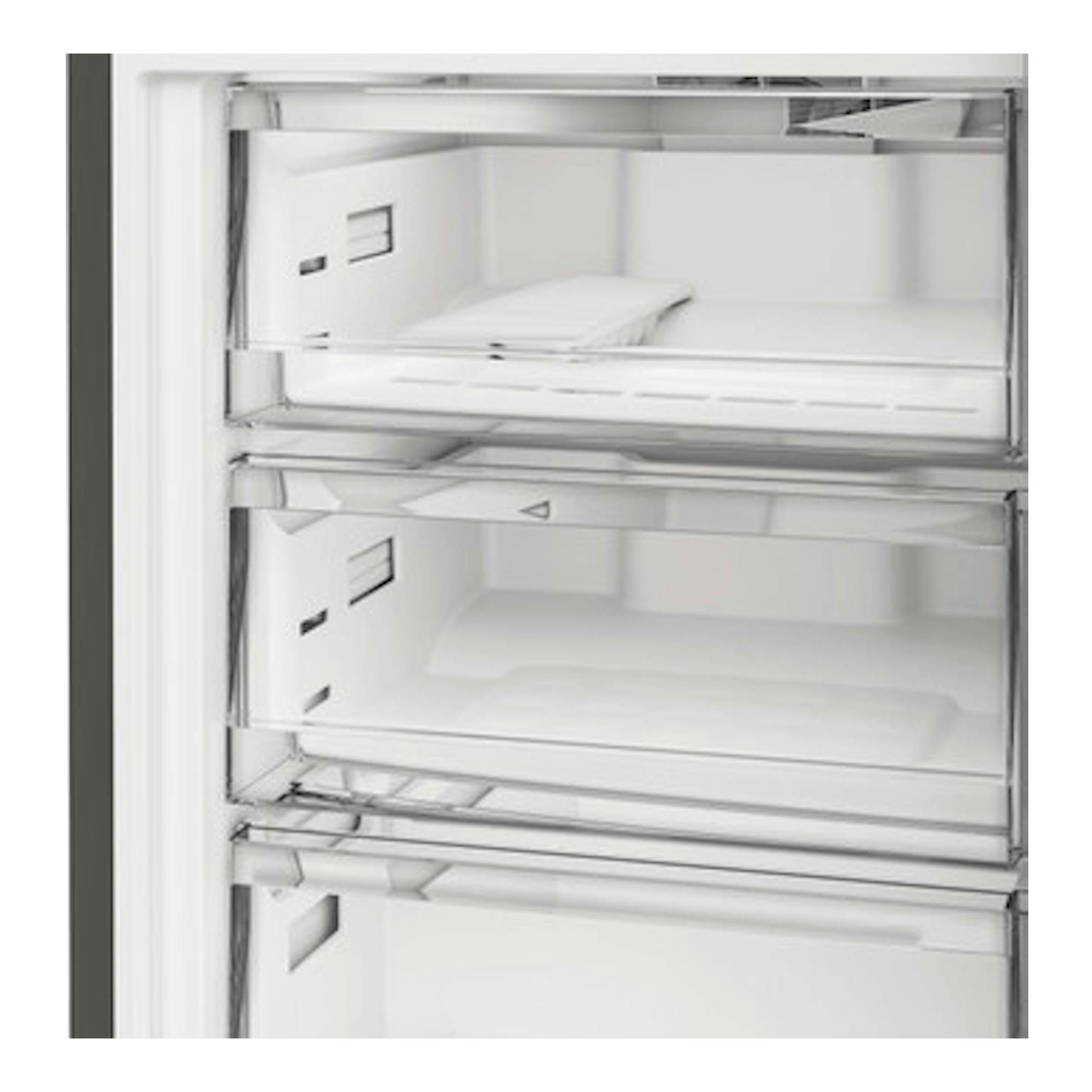 Frigorífico combi Whirlpool WHK 22413 X6EE, interior blanco con cajones y baldas de cristal, vista frontal.