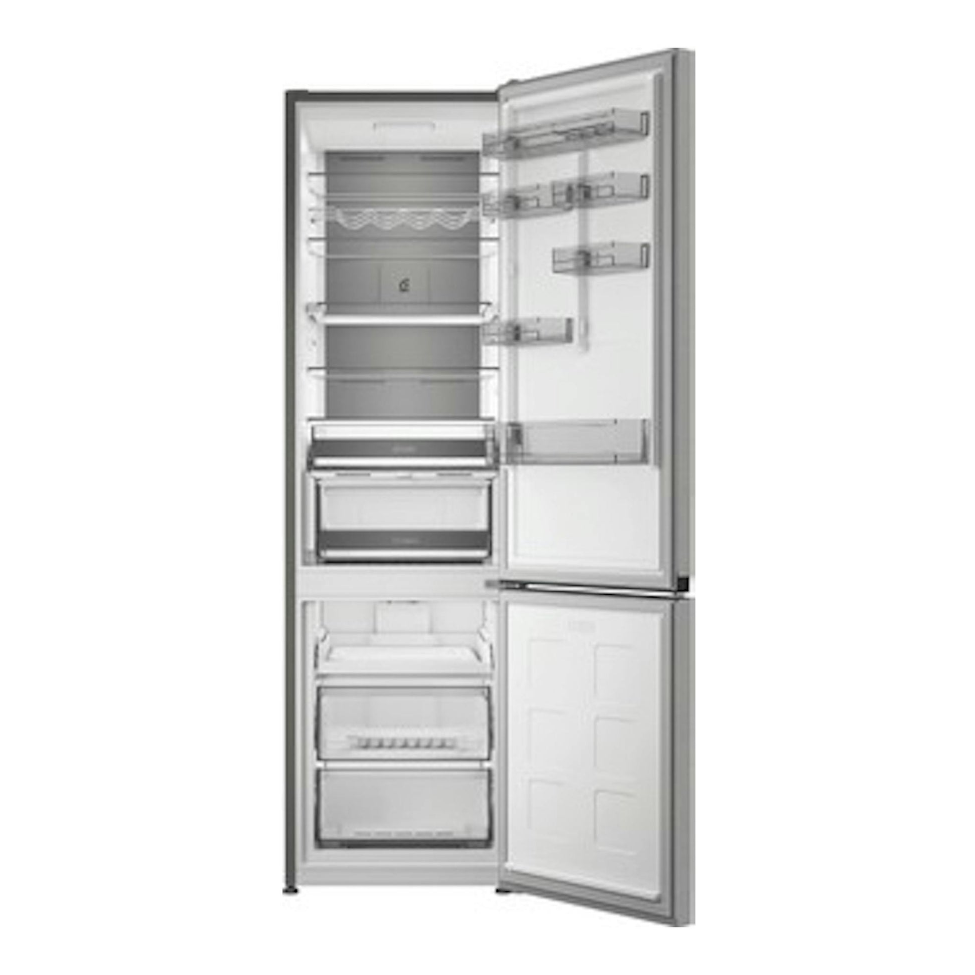Frigorífico combi Whirlpool WHK 26412 X5EE1 gris, vista frontal con puertas abiertas, interior visible.