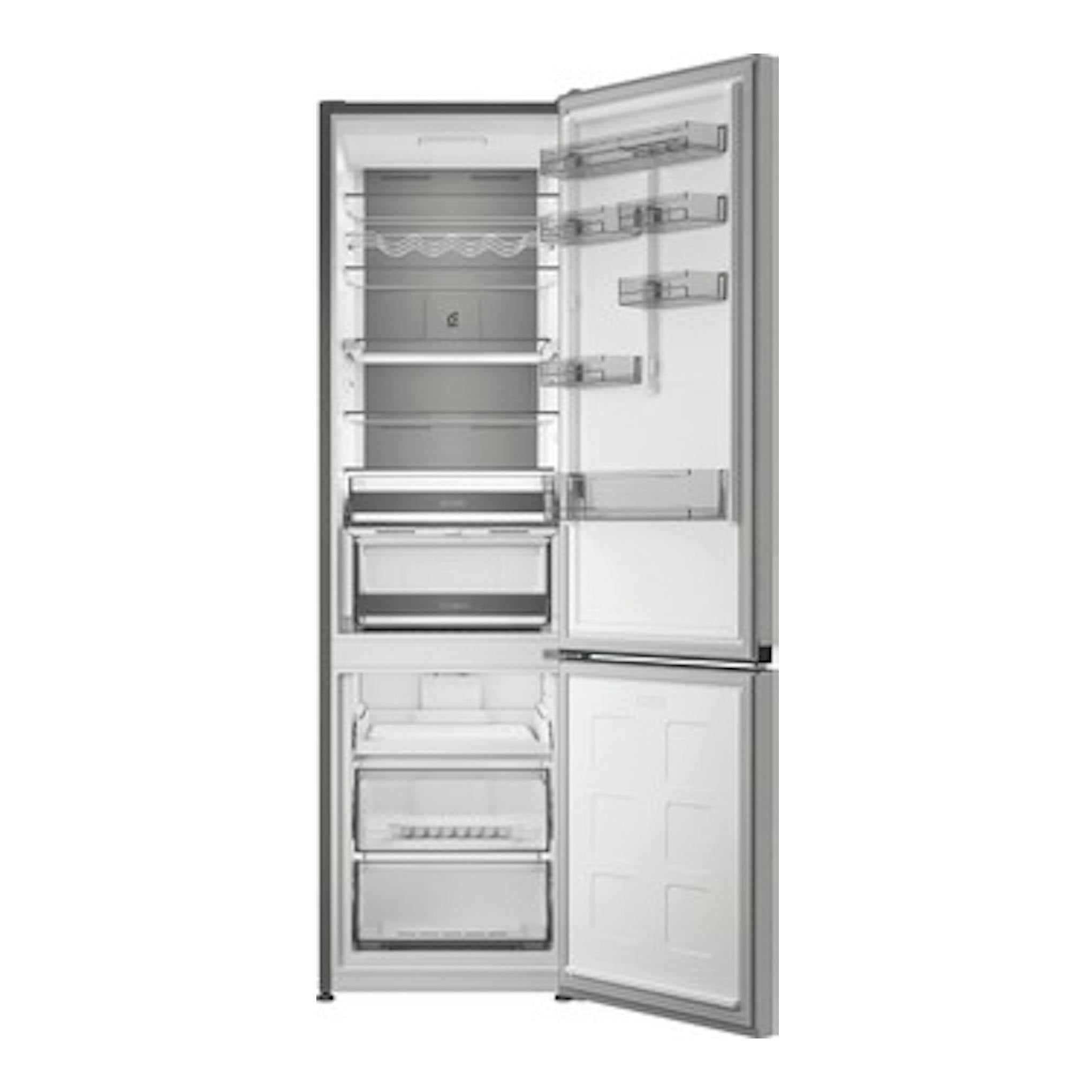 Frigorífico combi Whirlpool WHK 26412 X5EE1 gris, vista frontal con puertas abiertas, interior visible.