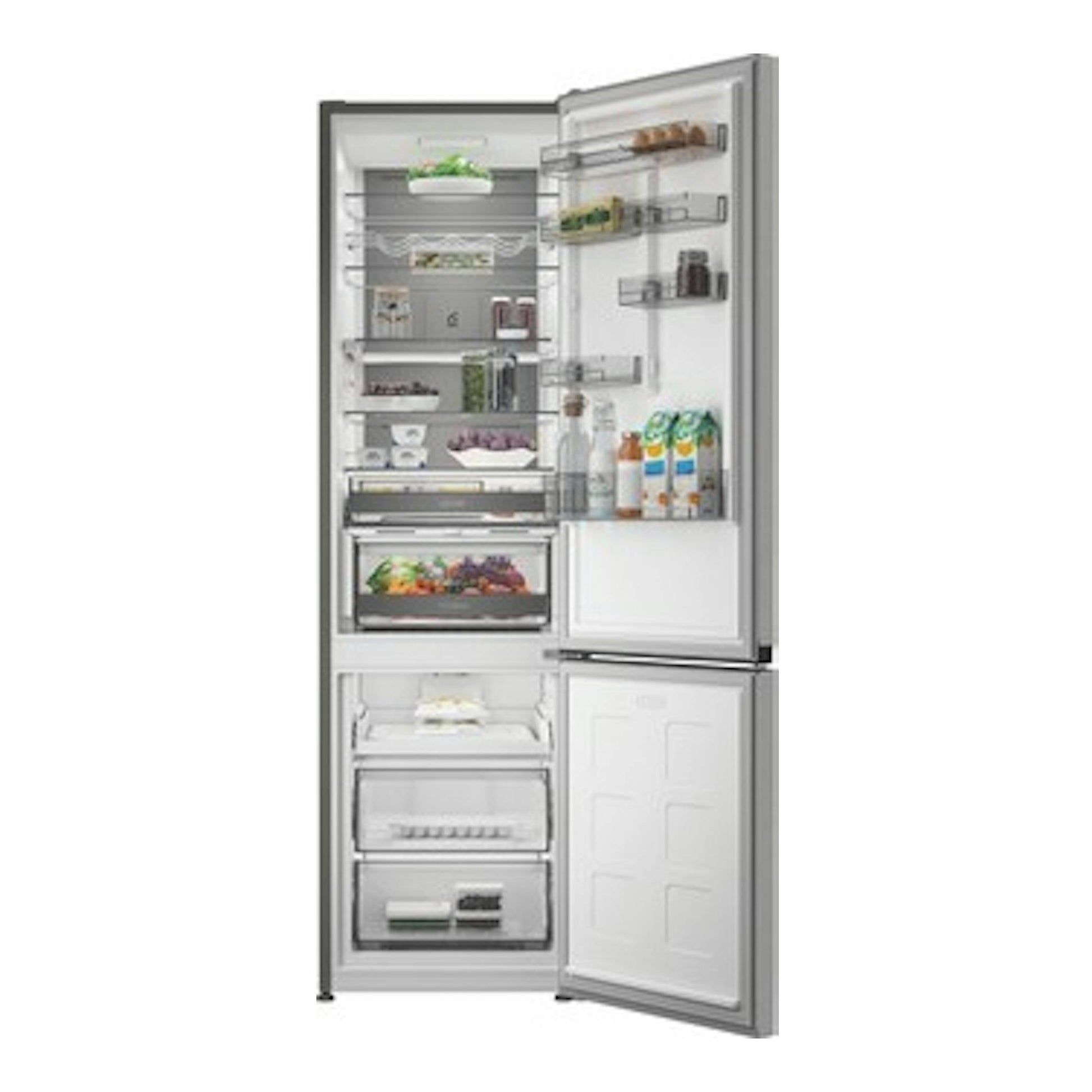Frigorífico combi Whirlpool WHK 26412 X5EE1 gris, vista frontal con puertas abiertas.