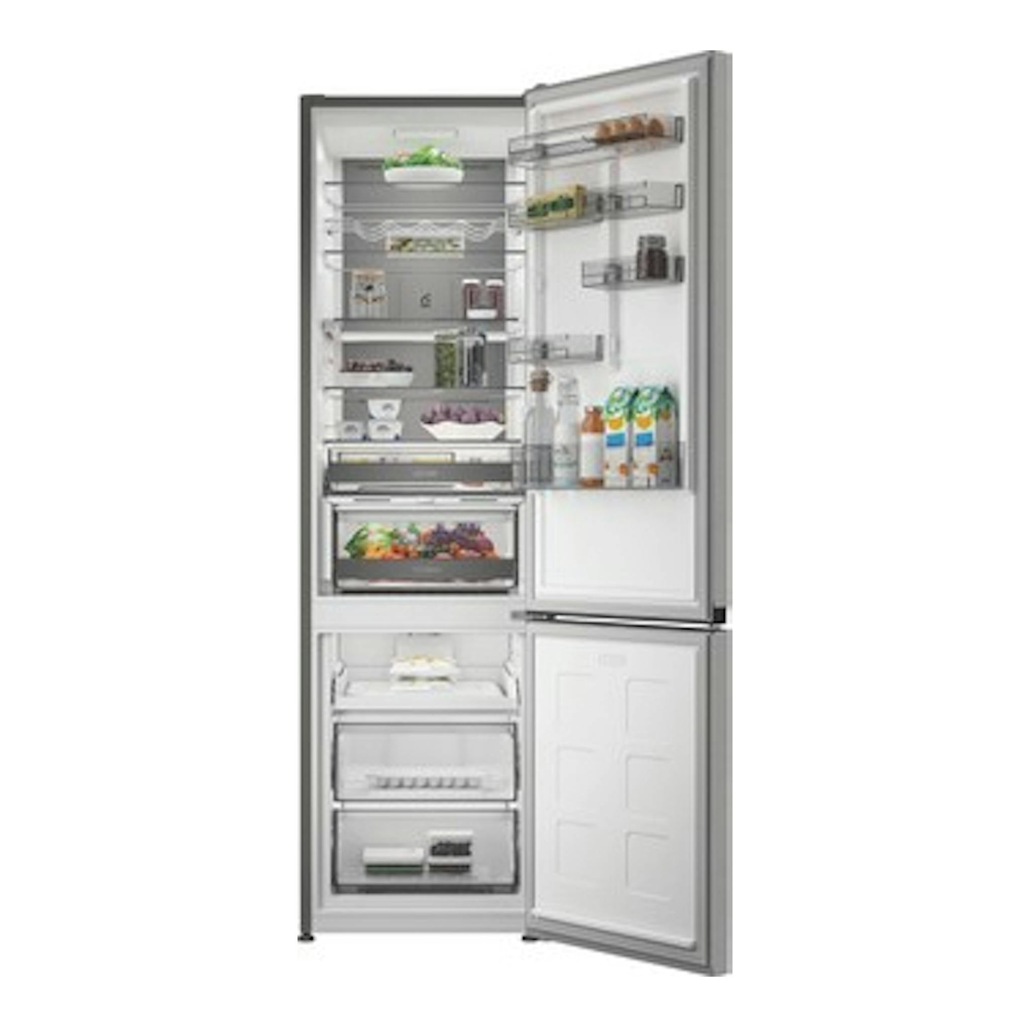 Frigorífico combi Whirlpool WHK 26412 X5EE1 gris, vista frontal con puertas abiertas.