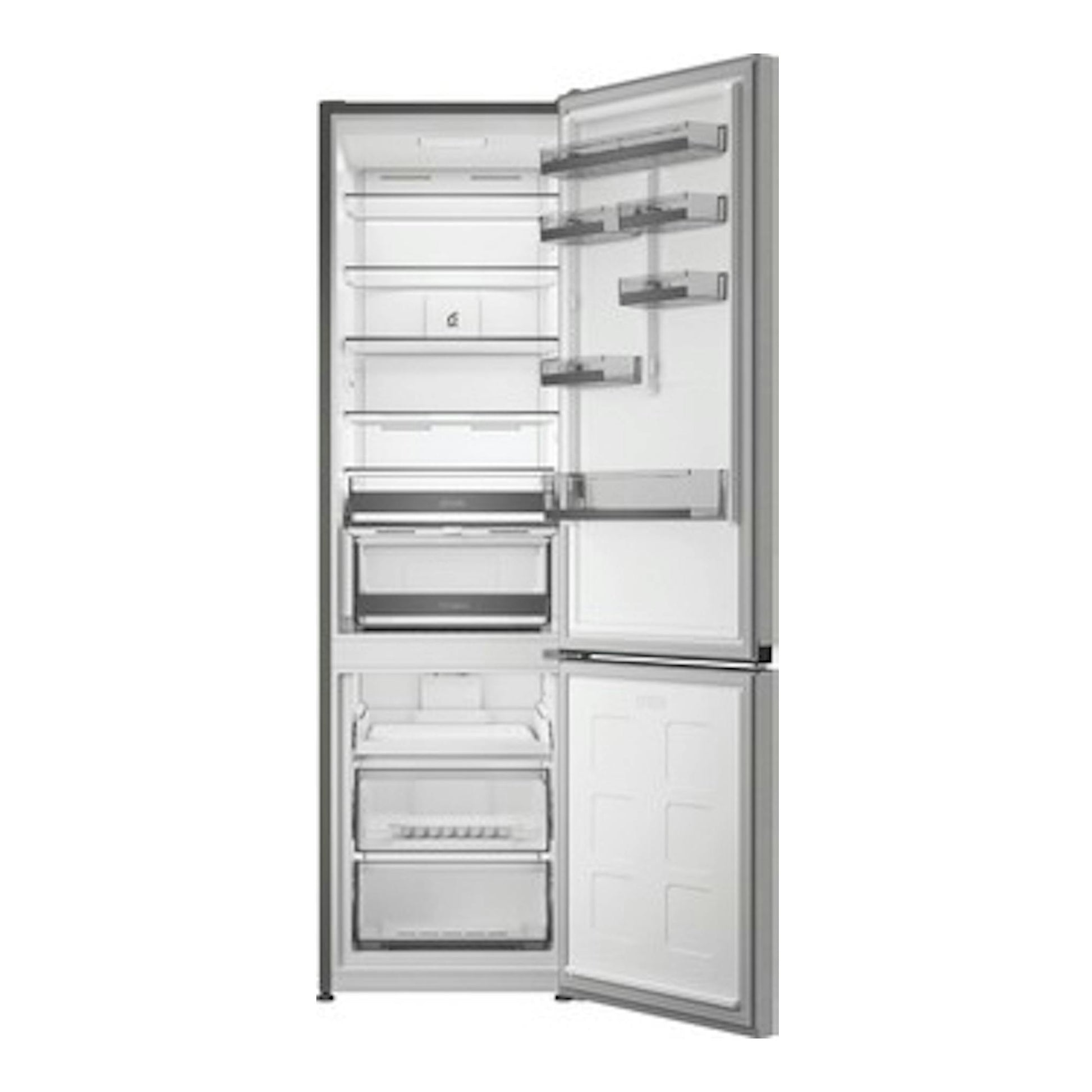 Frigorífico combi Whirlpool WHK 26413 X6EE en acero inoxidable, vista frontal con las puertas abiertas.