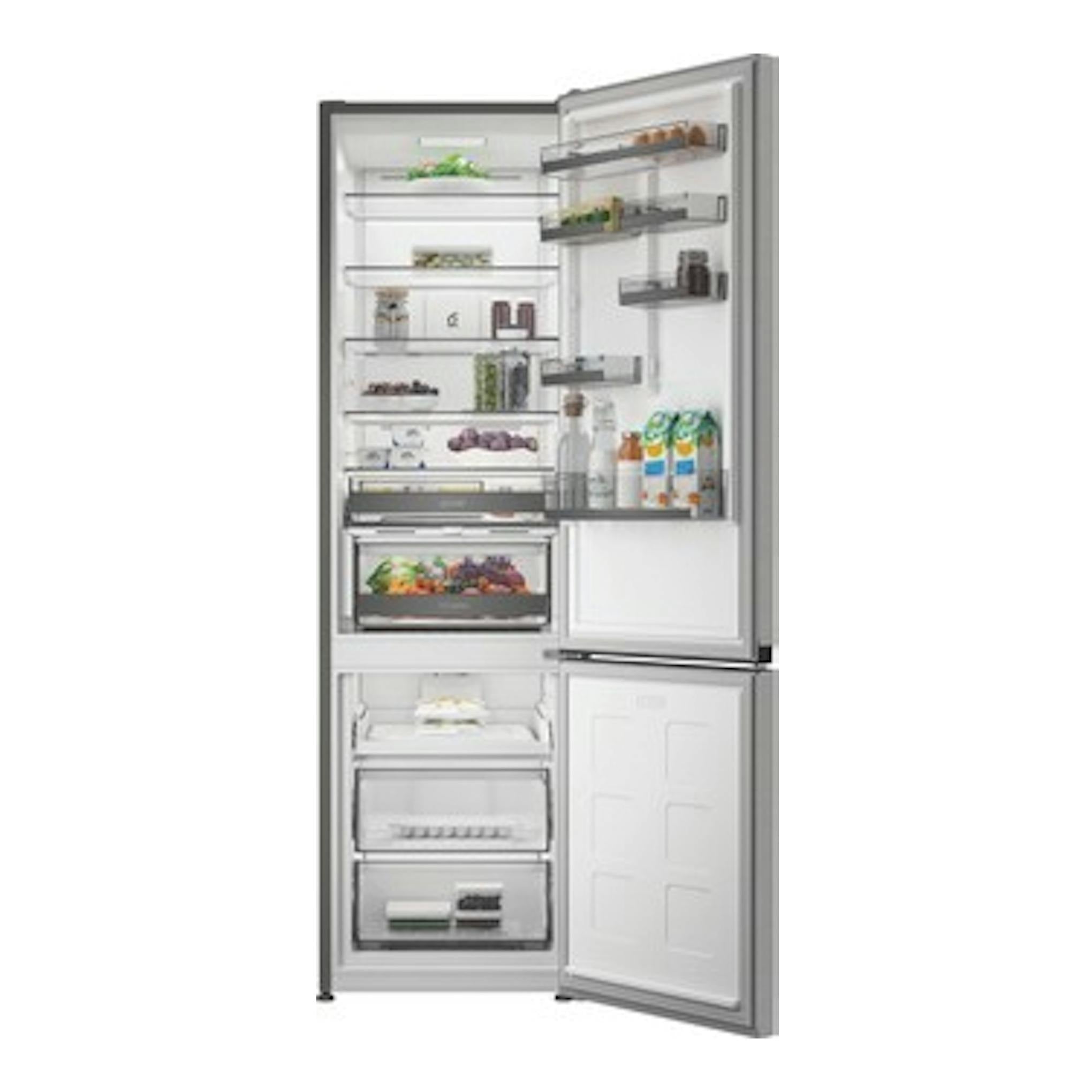 Frigorífico combi Whirlpool WHK 26413 X6EE abierto, vista frontal, blanco y acero inoxidable.