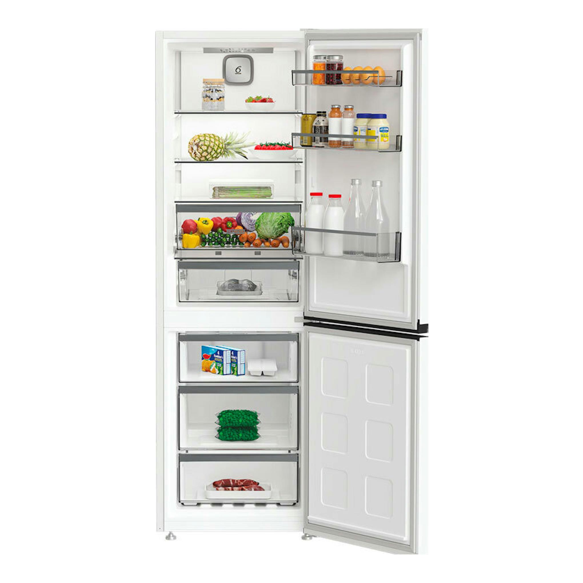 Frigorífico combi Whirlpool WHK25364W4E blanco, vista frontal abierta con compartimentos interiores visibles.