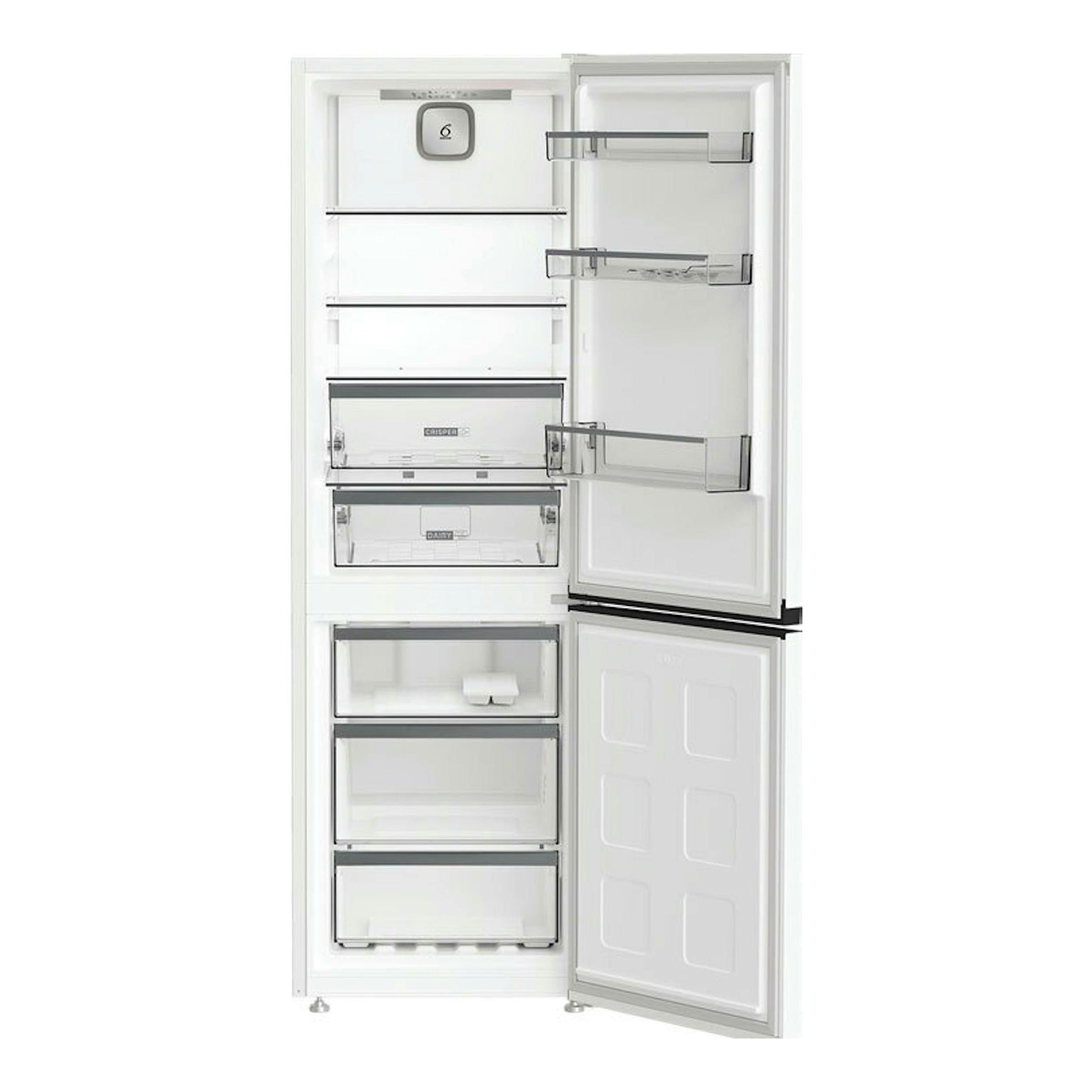 Frigorífico combi Whirlpool WHK25364W4E blanco, vista frontal abierta con interior y cajones visibles.