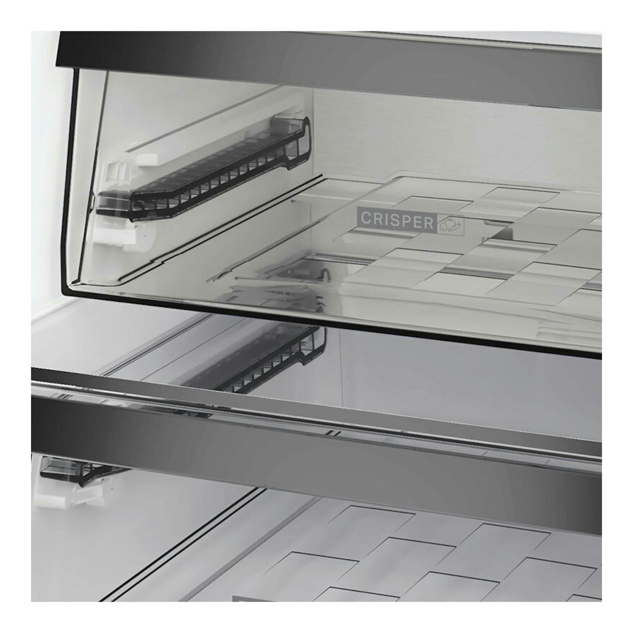 Vista frontal del interior de frigorífico combi Whirlpool WHK25364W4E blanco, con baldas de vidrio y cajón Crisper.
