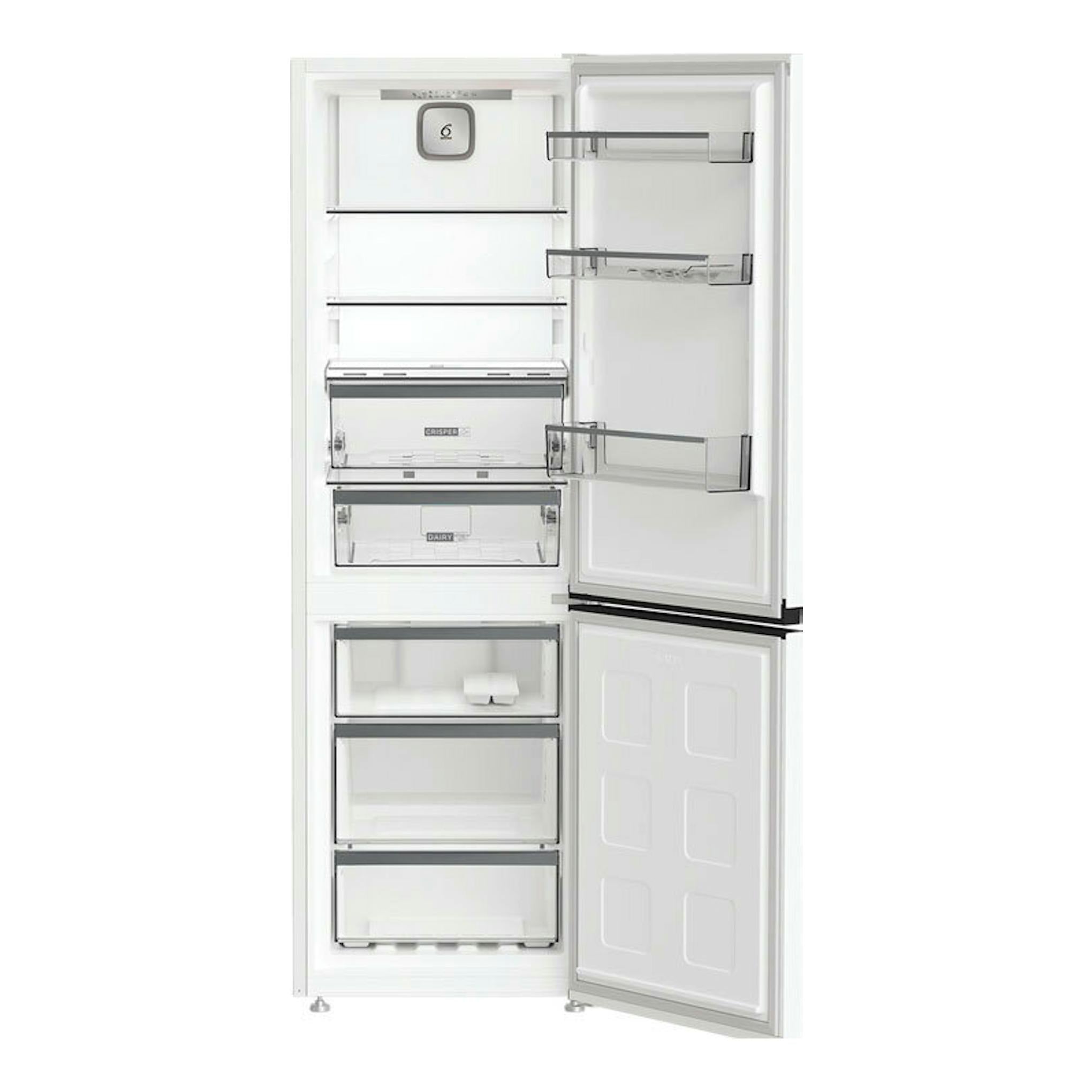 Frigorífico combi Whirlpool WHK25364W5E blanco, puerta abierta, vista frontal del interior y cajones.