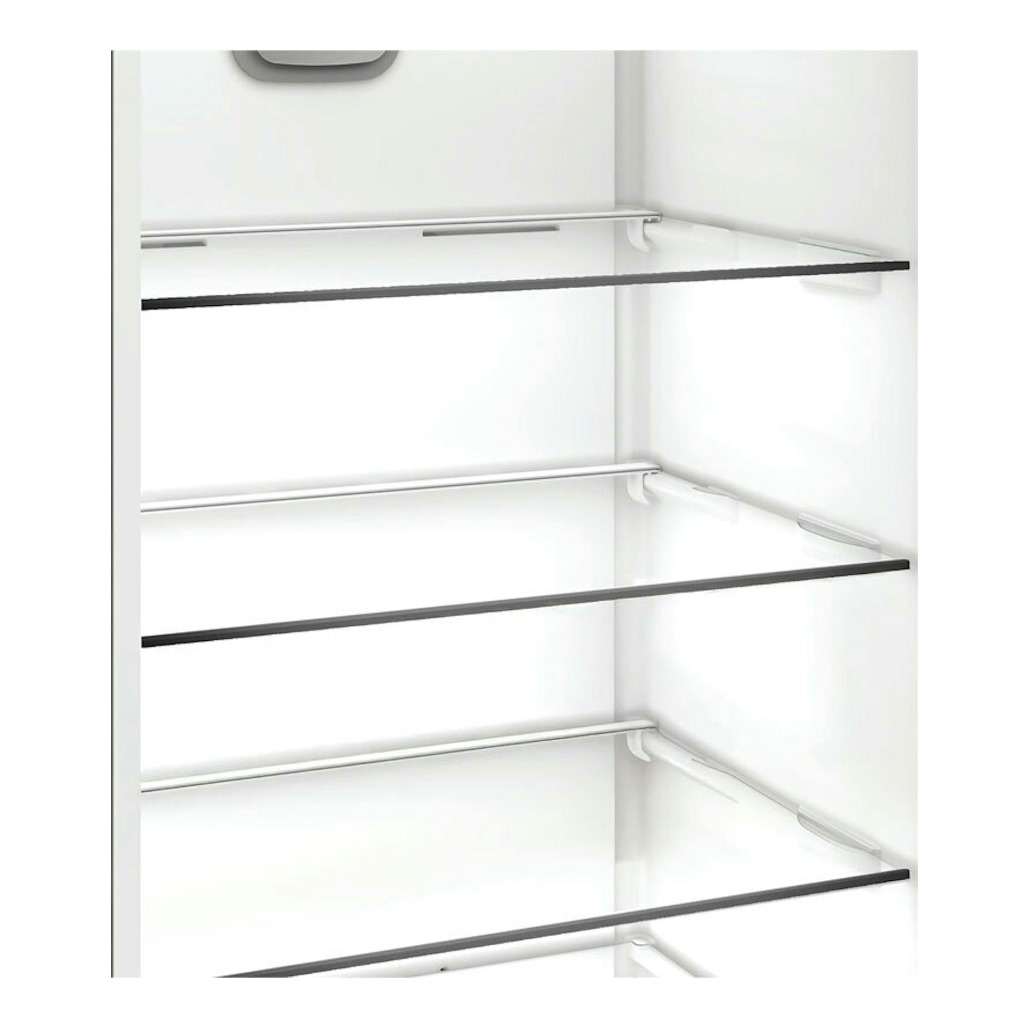 Interior de frigorífico Whirlpool WHK25364W5E blanco, con estantes de vidrio y vista frontal.