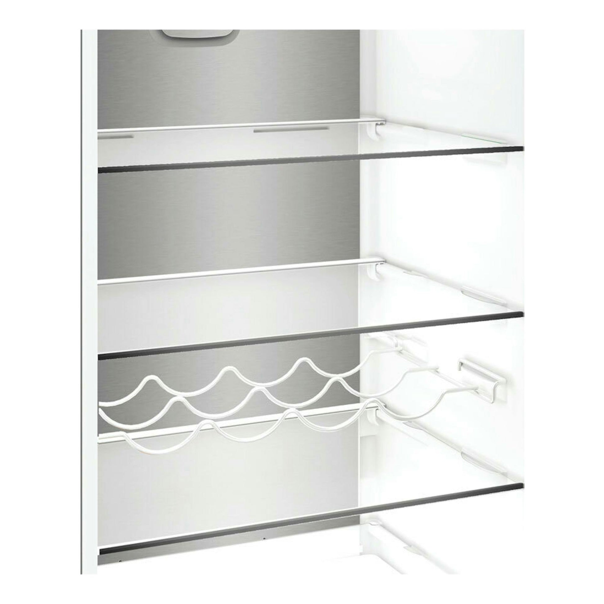 Interior de frigorífico Whirlpool WHK25404XP8E en inox, con estantes de vidrio y botellero, vista frontal.