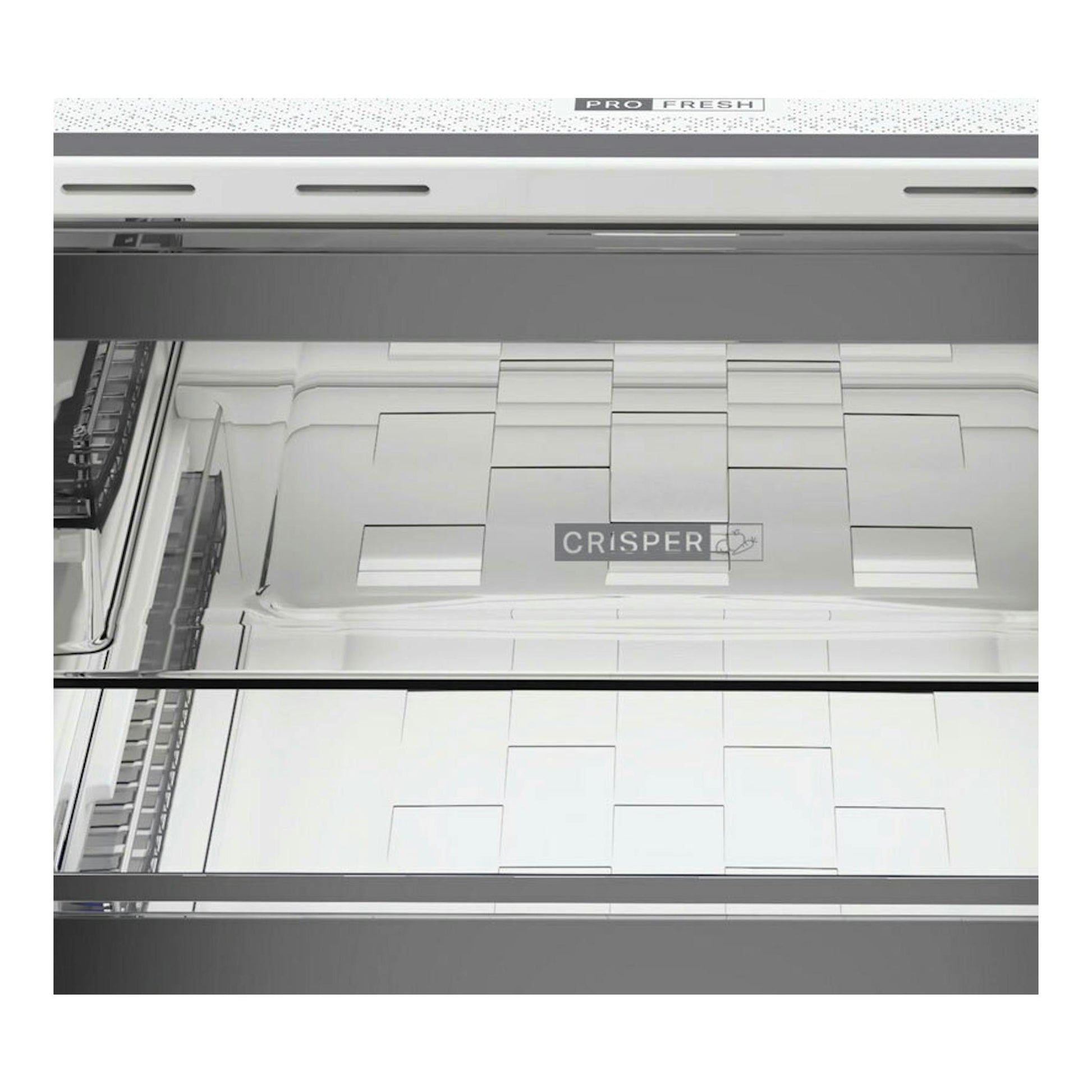 Interior de frigorífico combi Whirlpool WHK26362XP5E en inox, con cajón Crisper y estantes blancos.