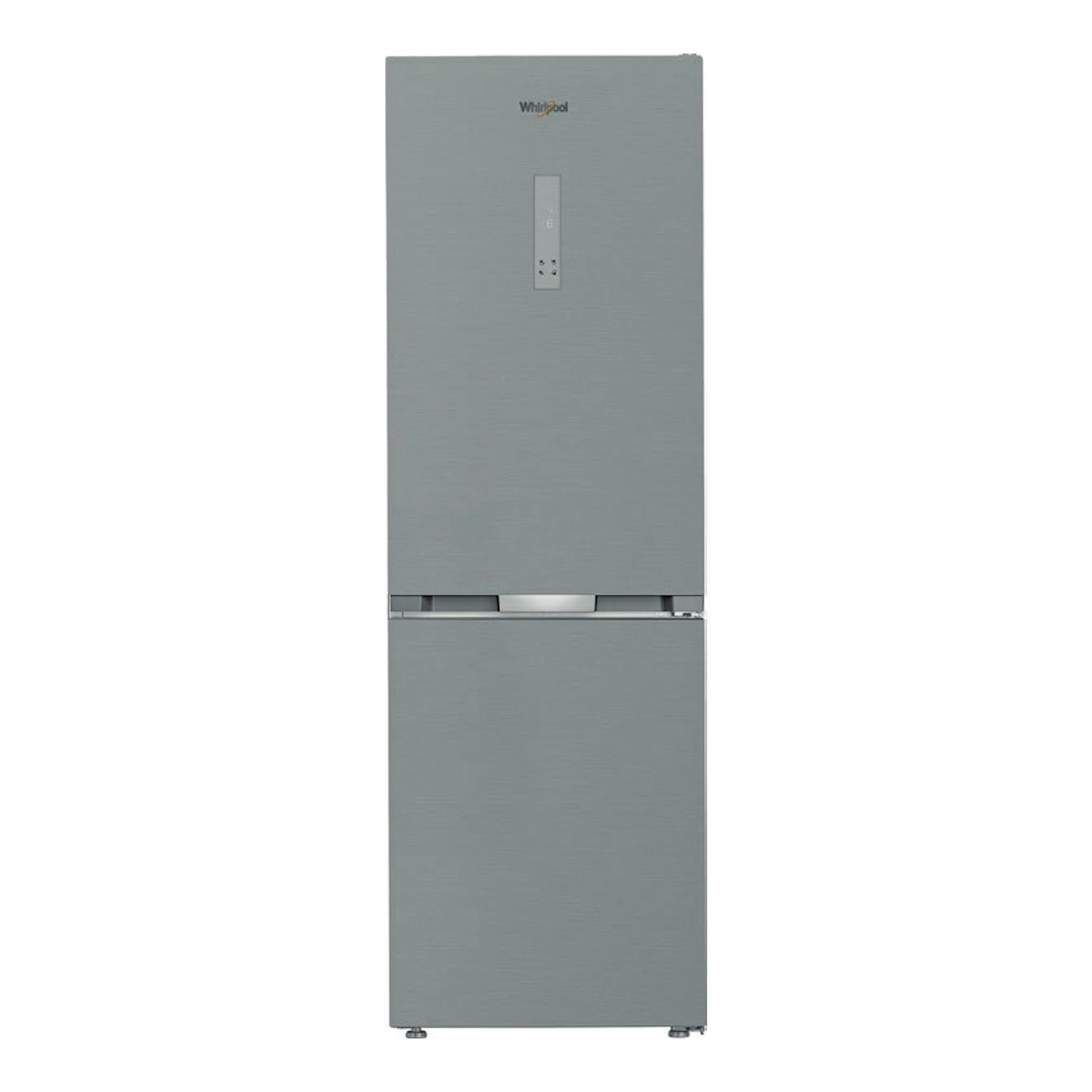 Frigorífico combi Whirlpool WHK26363XP6E en inox, vista frontal, con puertas superior e inferior.
