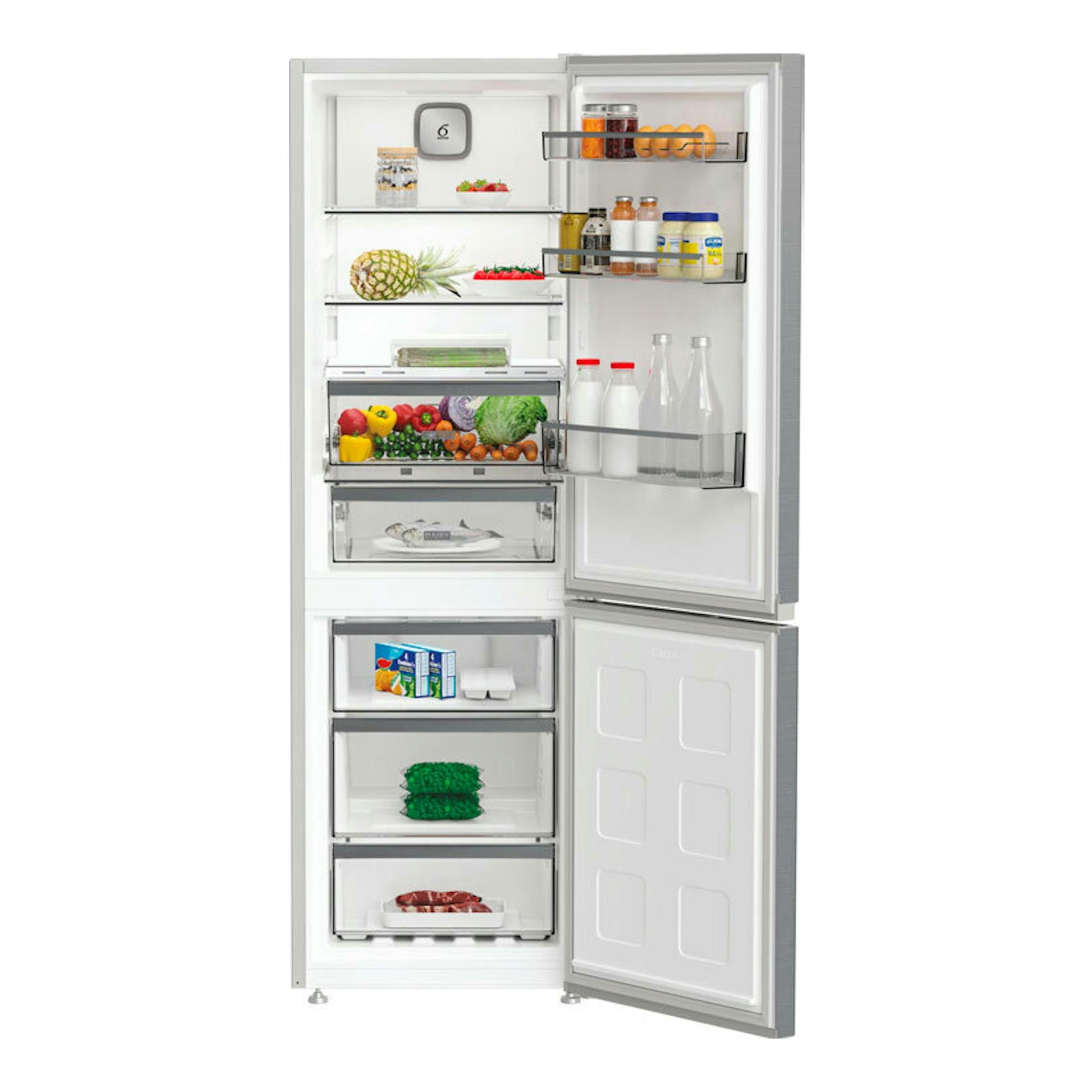 Frigorífico combi Whirlpool WHK26363XP6E en inox, abierto de frente, con compartimentos y alimentos visibles.